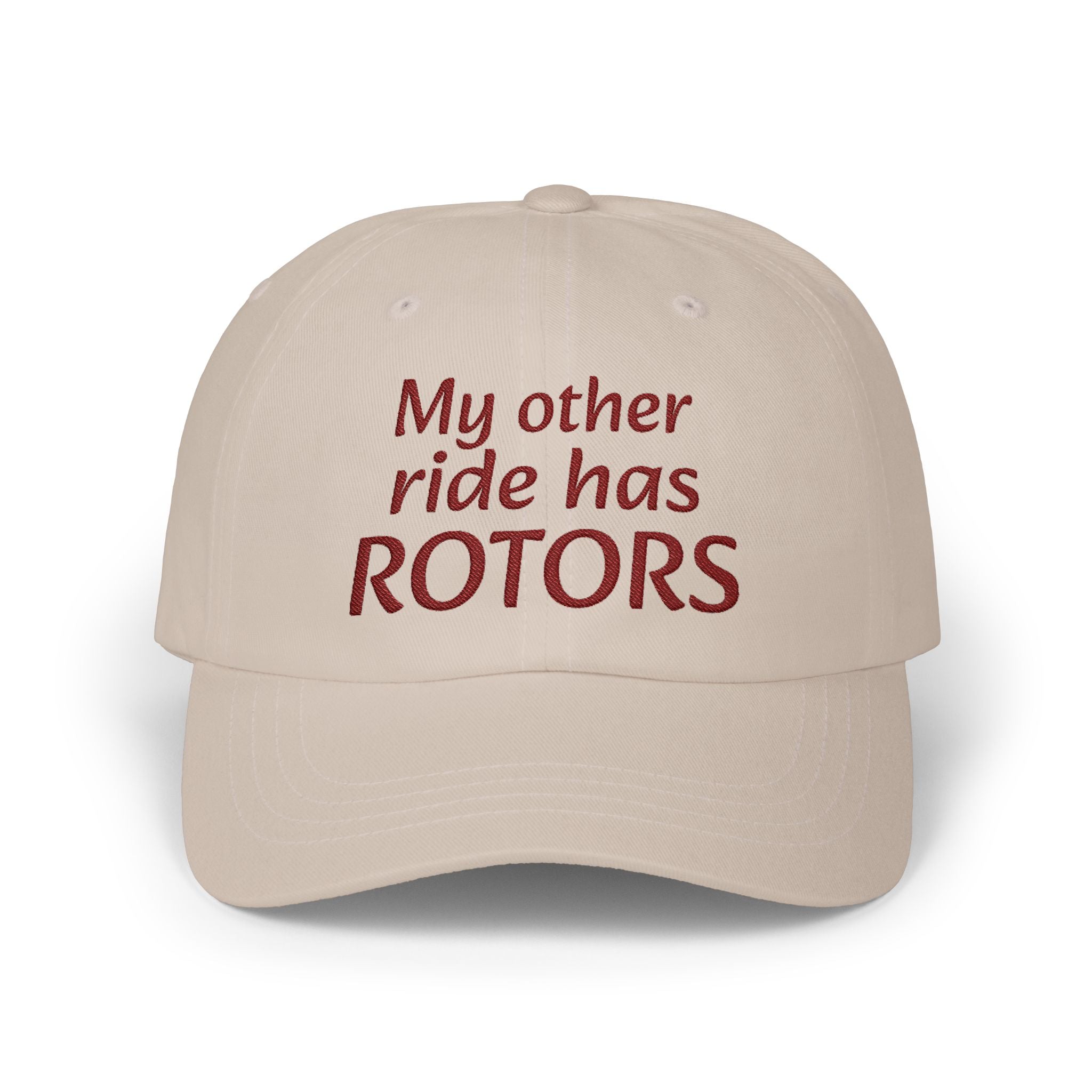 Beige cap with red text 'My other ride has ROTORS' on a white background
