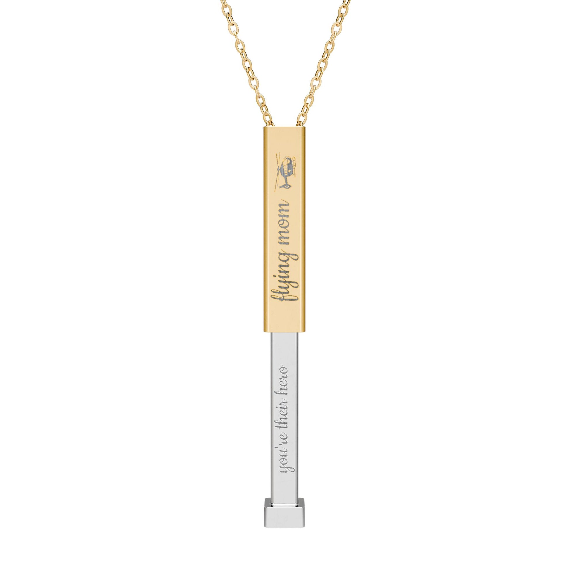 Silver and gold two-toned necklace with a cylindrical pendant engraved with 'flying mom' with hidden interior engraving "you're their hero" by Rotor Wash & Wear
