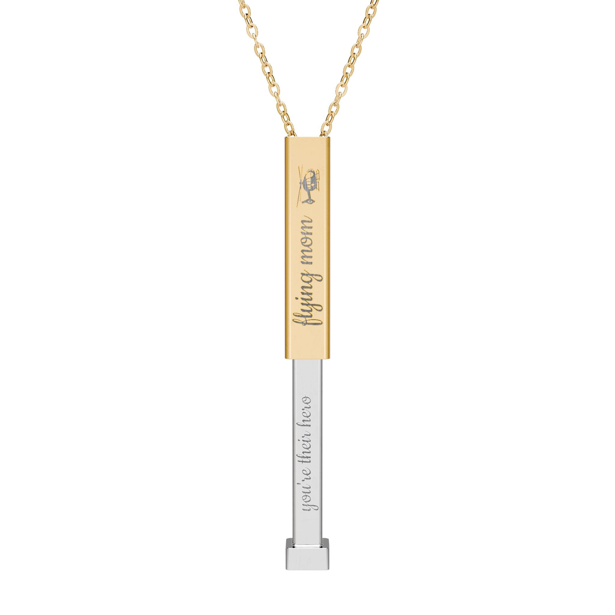 Silver and gold two-toned necklace with a cylindrical pendant engraved with 'flying mom' with hidden interior engraving "you're their hero" by Rotor Wash & Wear