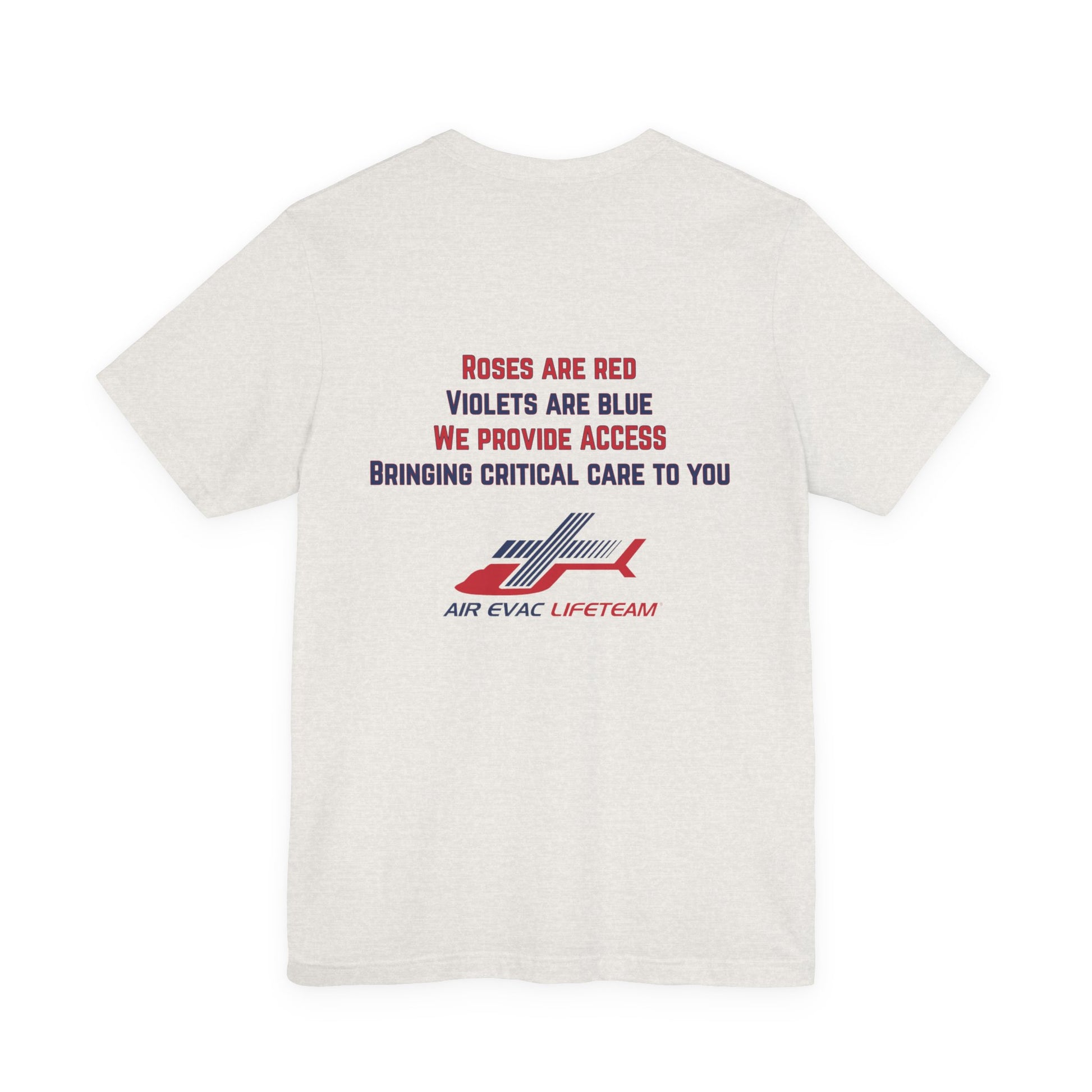 Heathered cement t-shirt with Valentine's day poem and Air Evac Lifeteam logo on a white background