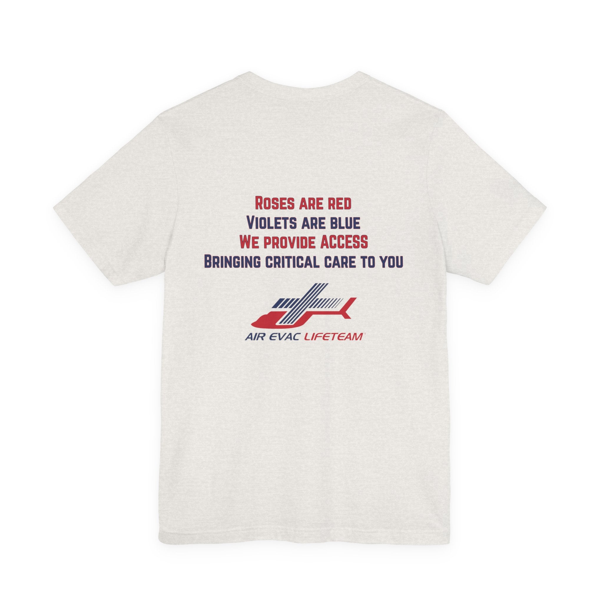 Heathered cement t-shirt with Valentine's day poem and Air Evac Lifeteam logo on a white background
