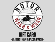Gift card design for 'Rotor Wash & Wear' with helicopter graphic on a gray background