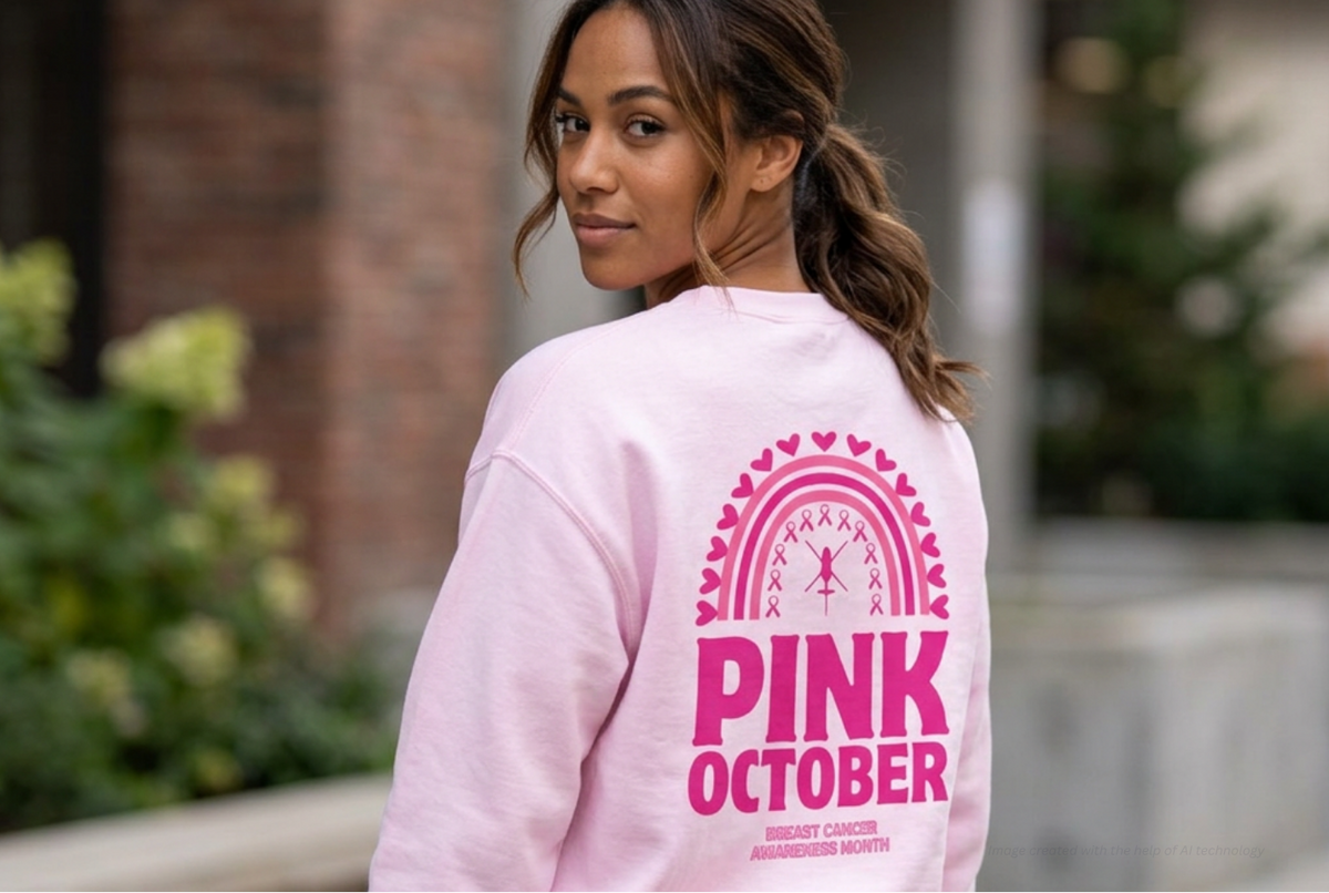 A woman wearing a light pink crewneck sweatshirt with a bright pink graphic on the back reading 'PINK OCTOBER' and 'BREAST CANCER AWARENESS MONTH', photographed outdoors with a blurred brick wall and greenery in the background. Rotor Wash & Wear