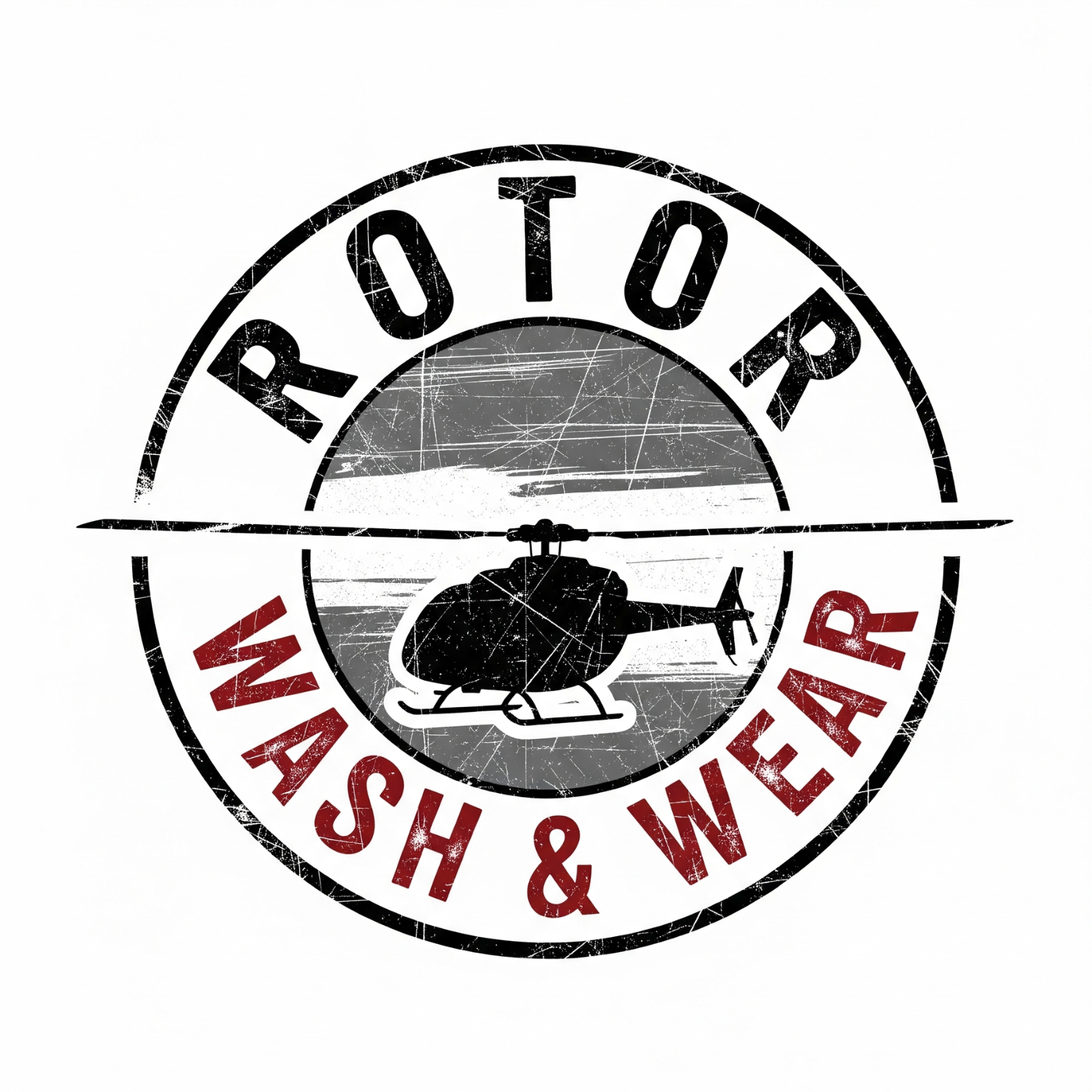 Logo for Rotor Wash & Wear with a helicopter silhouette and distressed text on a white background