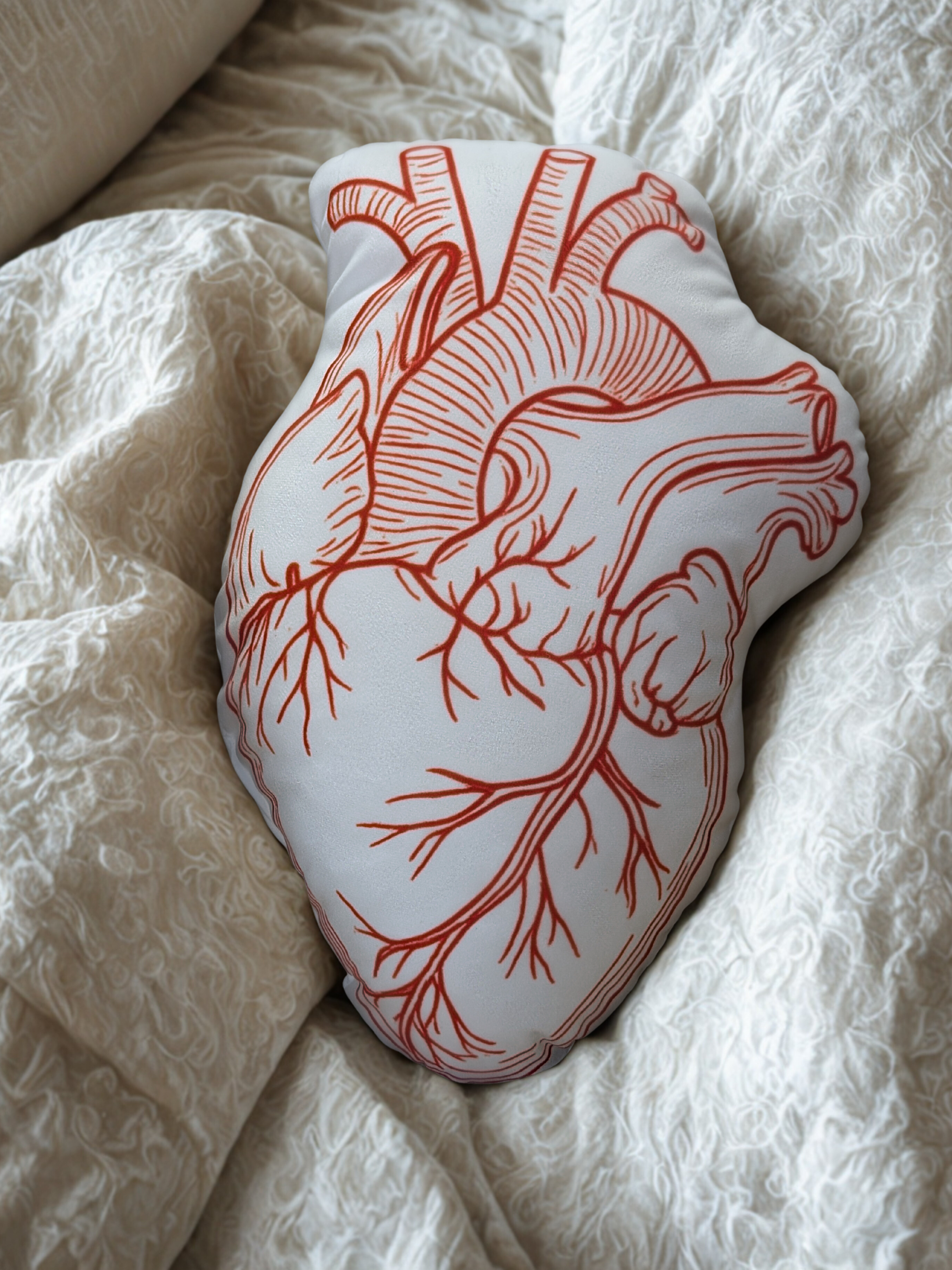 Heart-shaped pillow with red anatomical heart design on a white bedspread