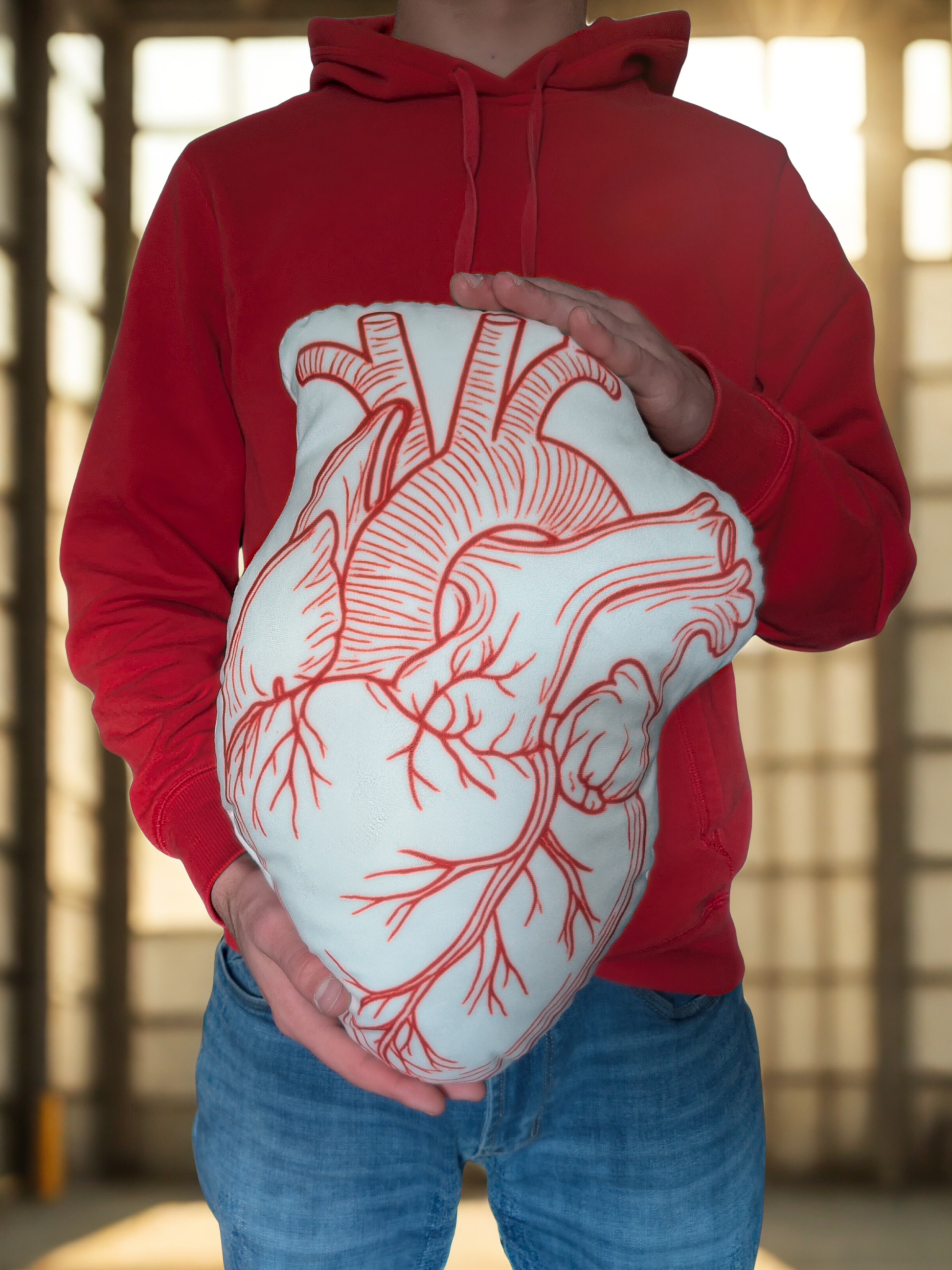 Person holding an anatomical heart-shaped pillow by Rotor Wash & Wear