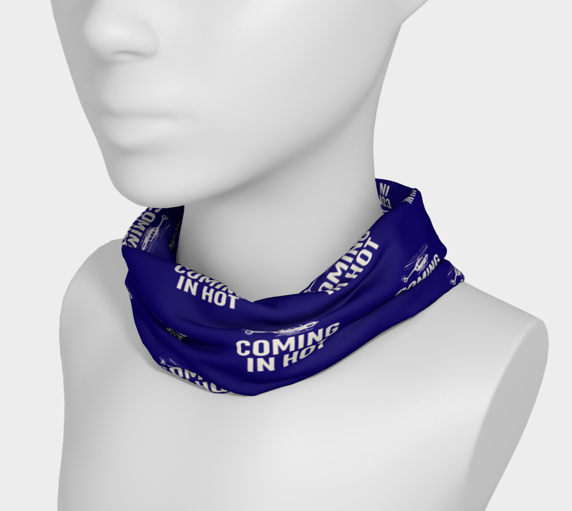 Mannequin wearing a blue neck gaiter with text "Coming in hot" and helicopter graphic on a white background