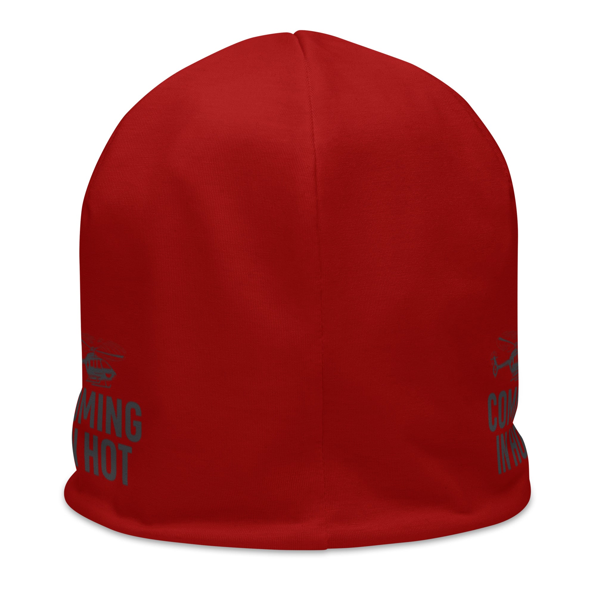 Red beanie with helicopter graphic and text "coming in hot" by Rotor Wash & Wear