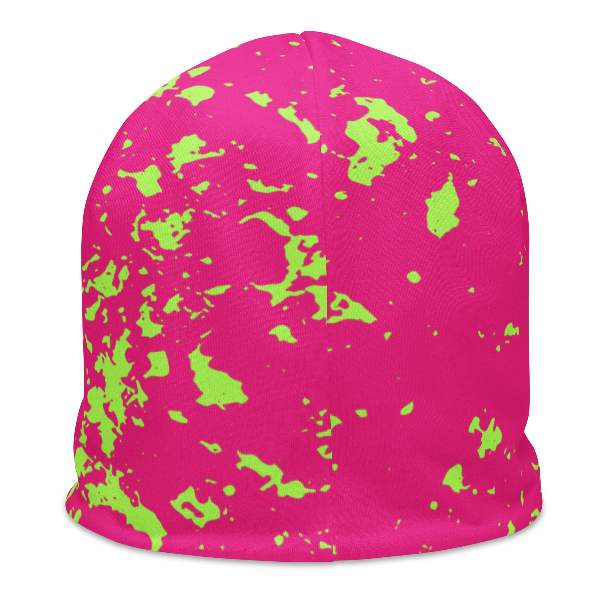 Hot pink beanie with green splatter pattern by Rotor Wash & Wear