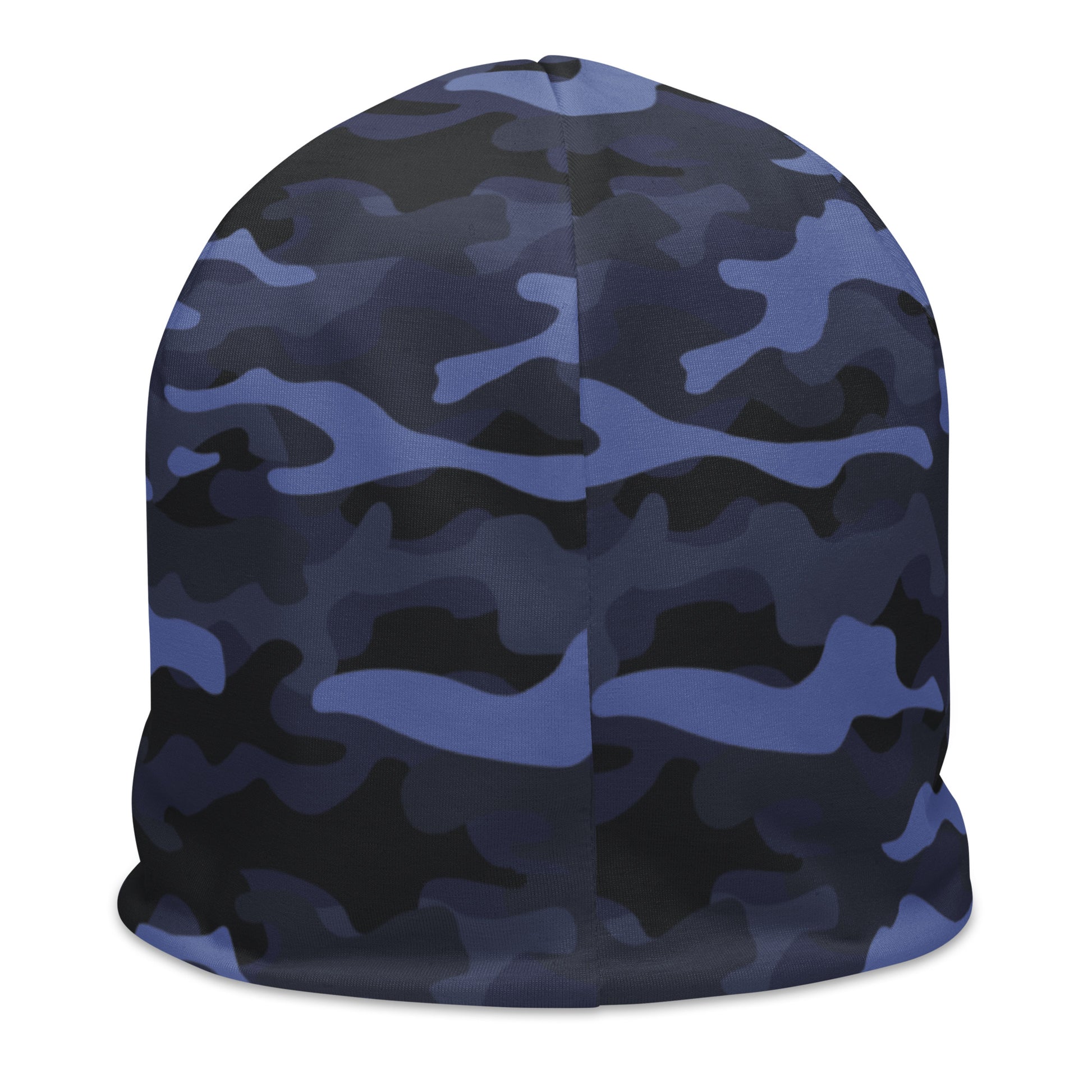 Blue camouflage beanie with Air Evac Lifeteam logo on a white background