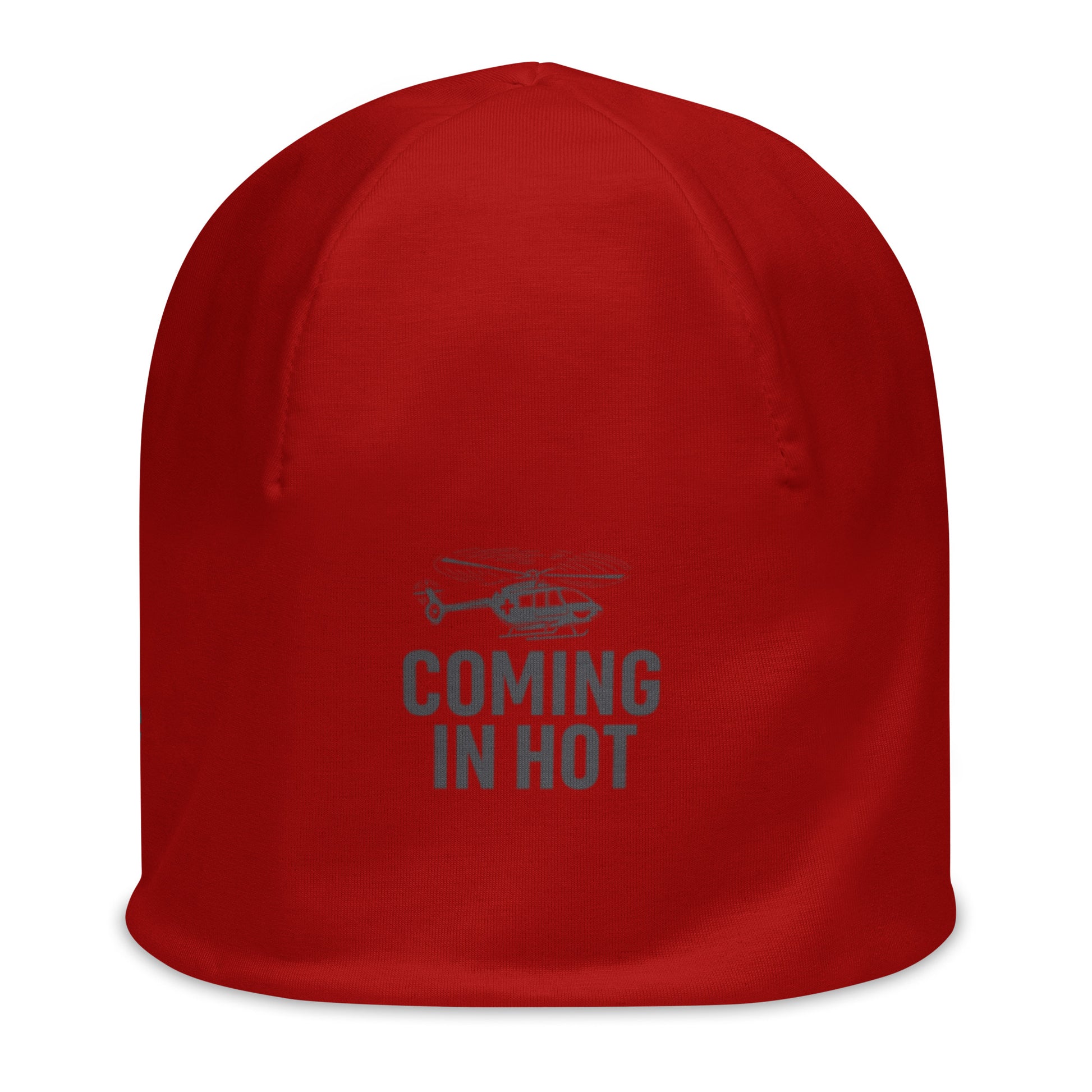 Red beanie with helicopter graphic and text "coming in hot" by Rotor Wash & Wear