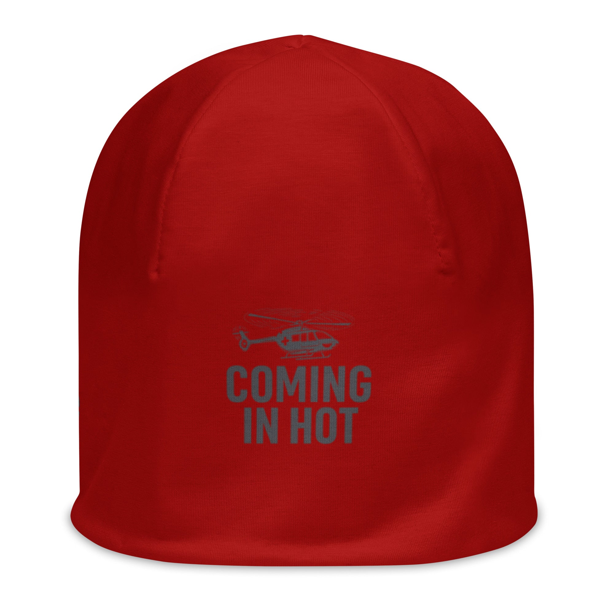 Red beanie with helicopter graphic and text "coming in hot" by Rotor Wash & Wear