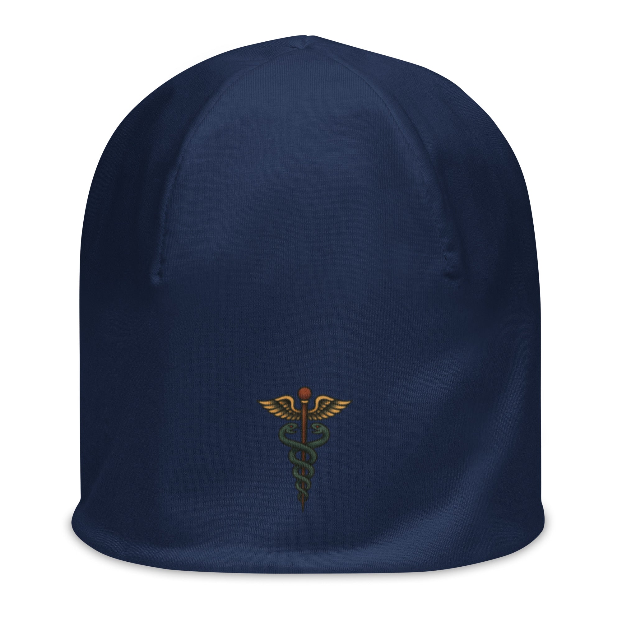 Dark blue beanie with American traditional style caduceus by Rotor Wash & Wear