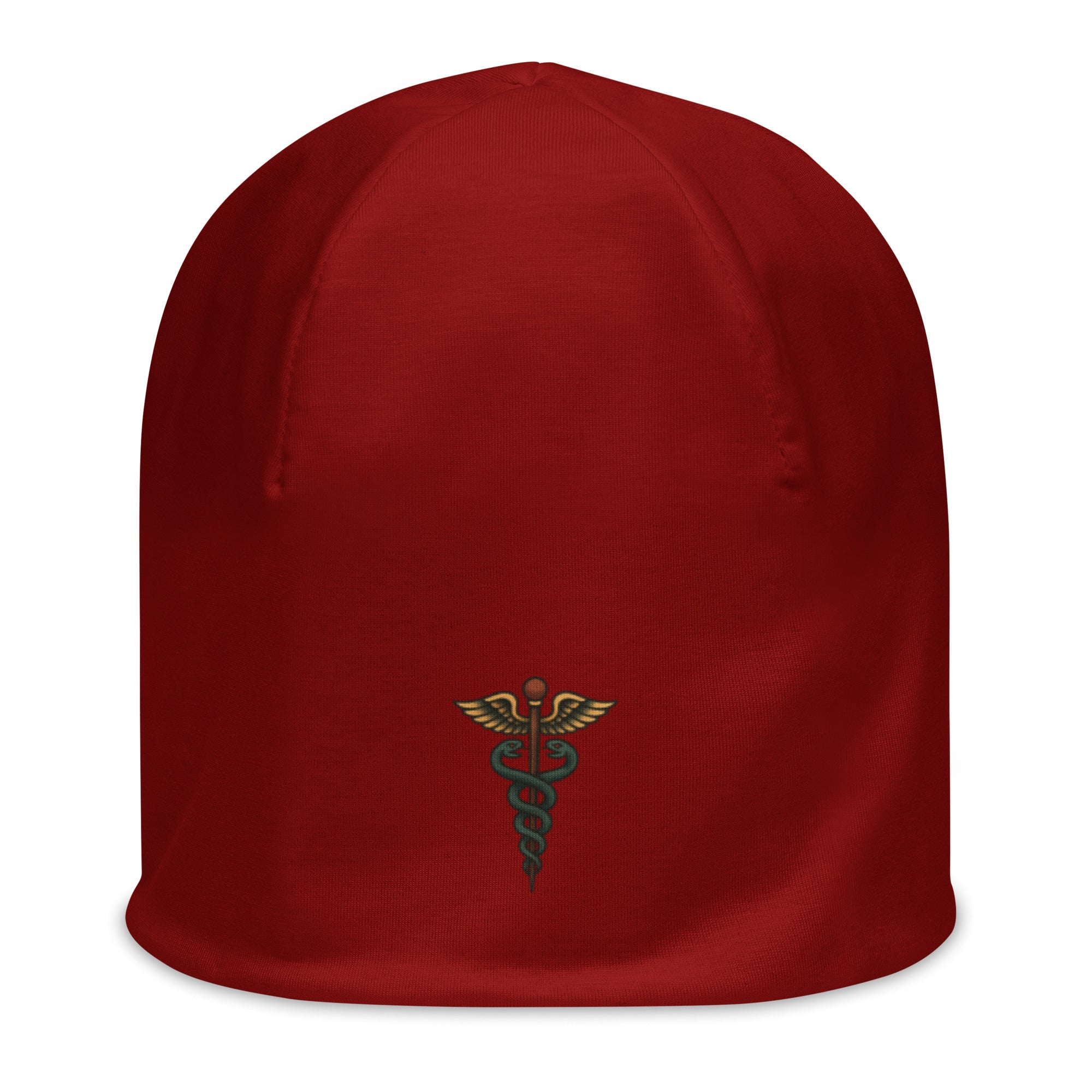 Dark red beanie with American traditional style caduceus by Rotor Wash & Wear