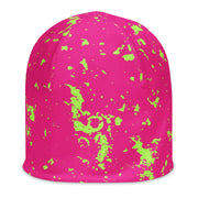 Hot pink beanie with green splatter pattern by Rotor Wash & Wear