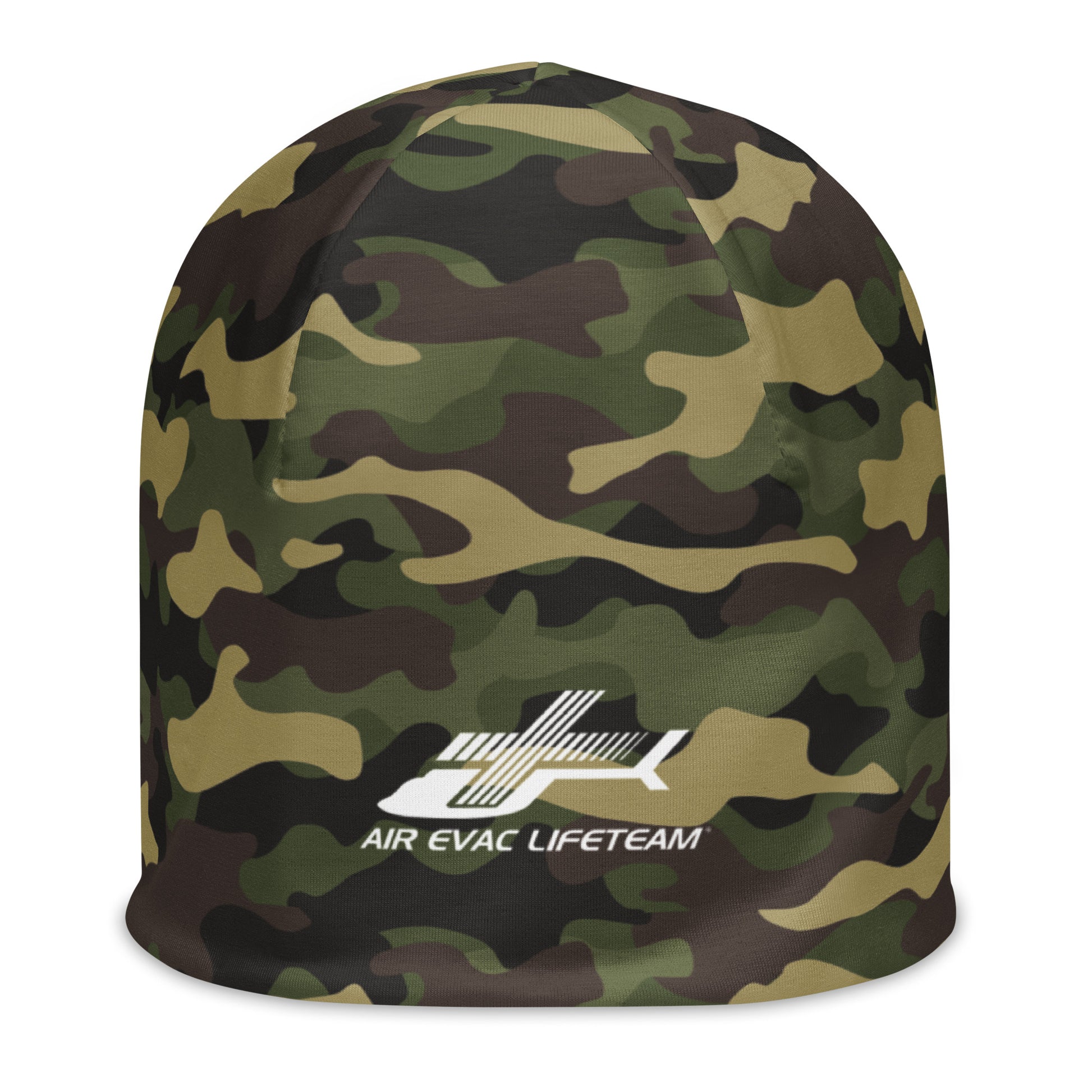 Camouflage beanie with Air Evac Lifeteam logo on a white background
