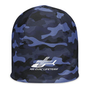 Blue camouflage beanie with Air Evac Lifeteam logo on a white background