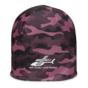 Pink camouflage beanie with Air Evac Lifeteam logo on a white background