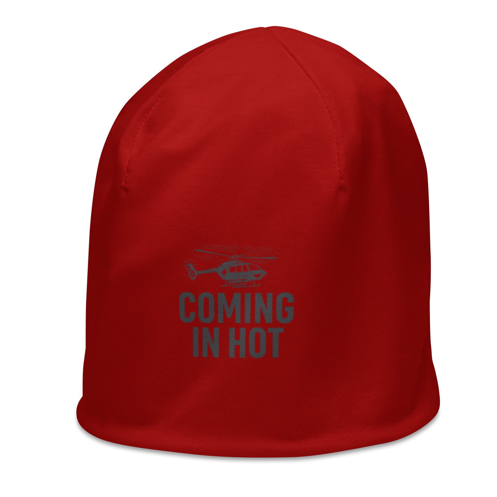 Red beanie with helicopter graphic and text "coming in hot" by Rotor Wash & Wear