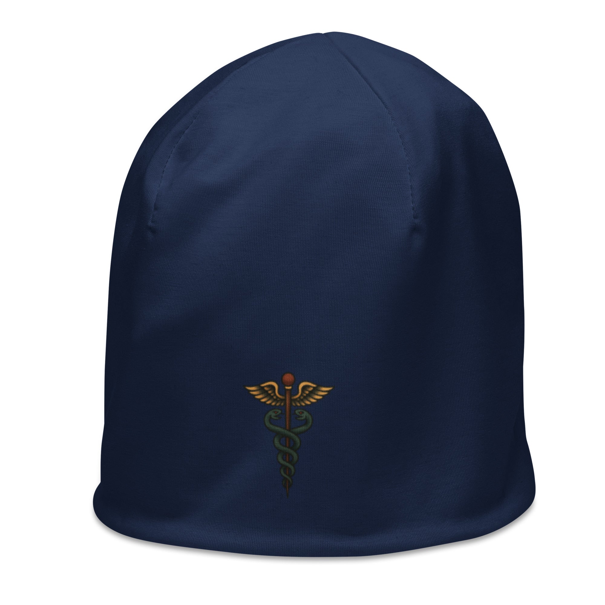 Dark blue beanie with American traditional style caduceus by Rotor Wash & Wear