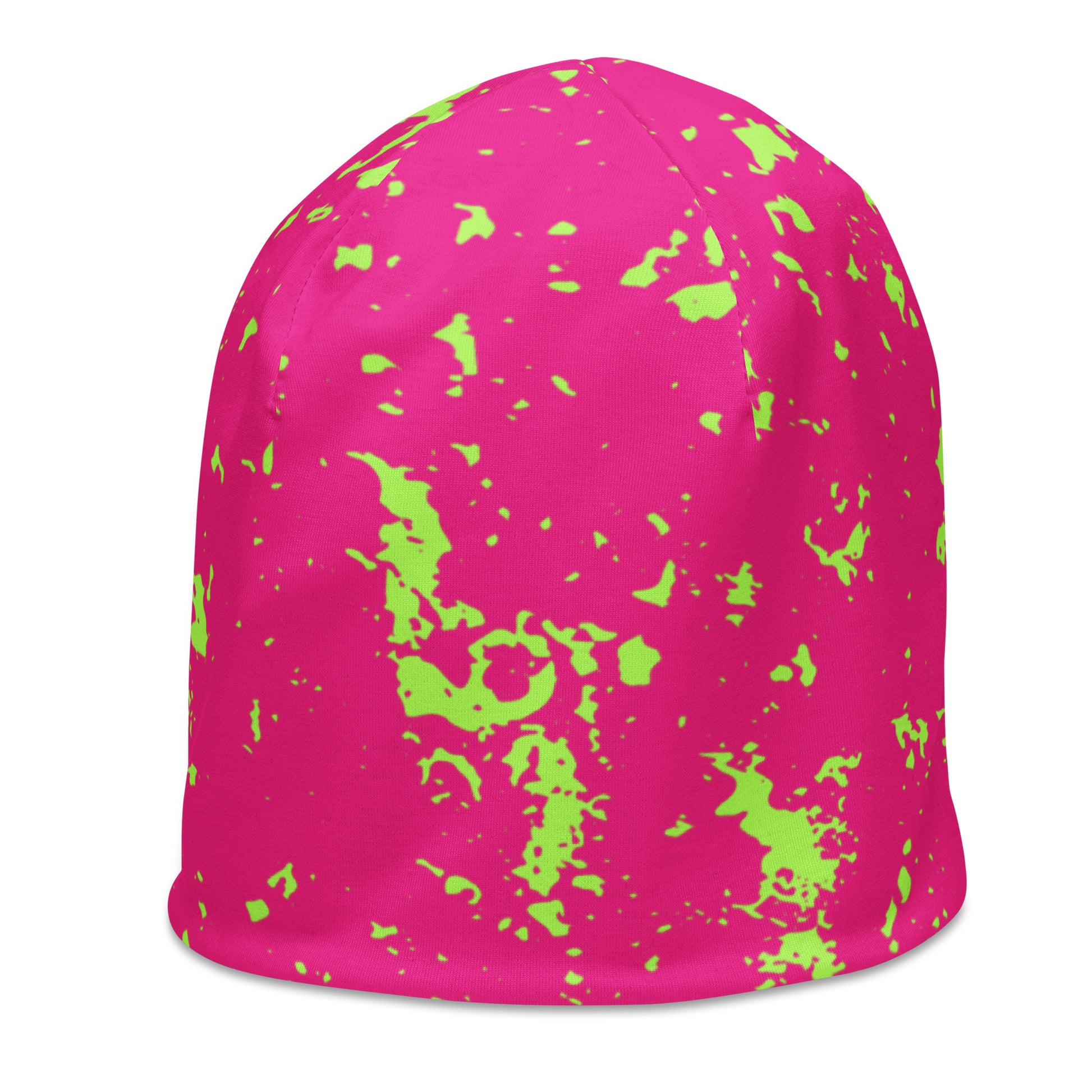 Hot pink beanie with green splatter pattern by Rotor Wash & Wear
