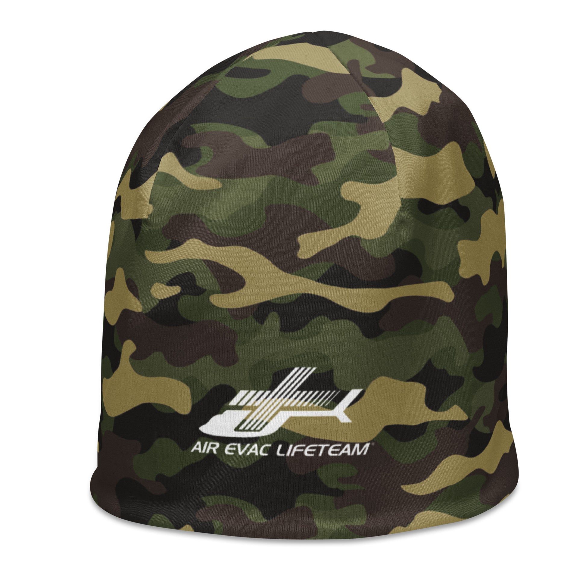 Camouflage beanie with Air Evac Lifeteam logo on a white background