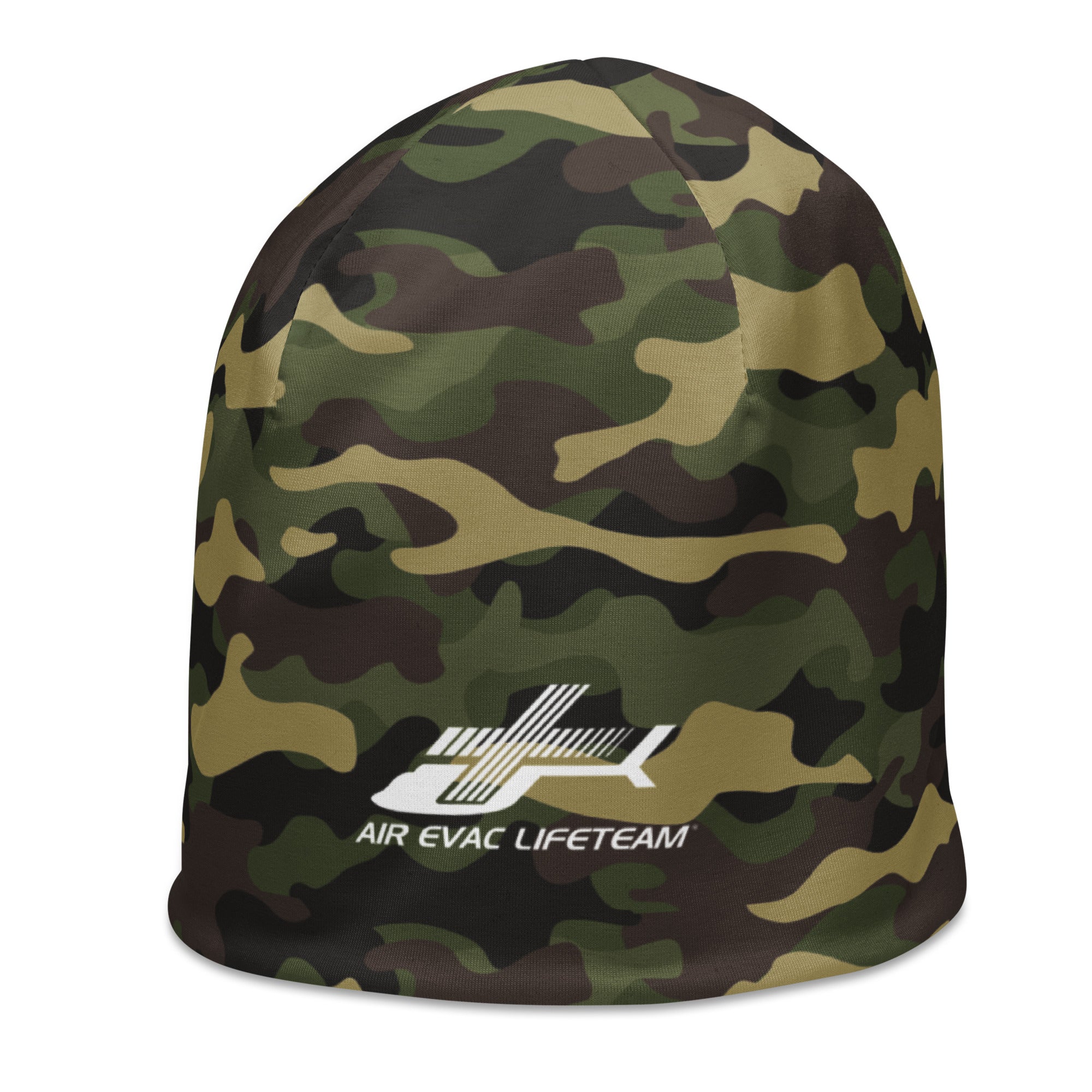 Camouflage beanie with Air Evac Lifeteam logo on a white background