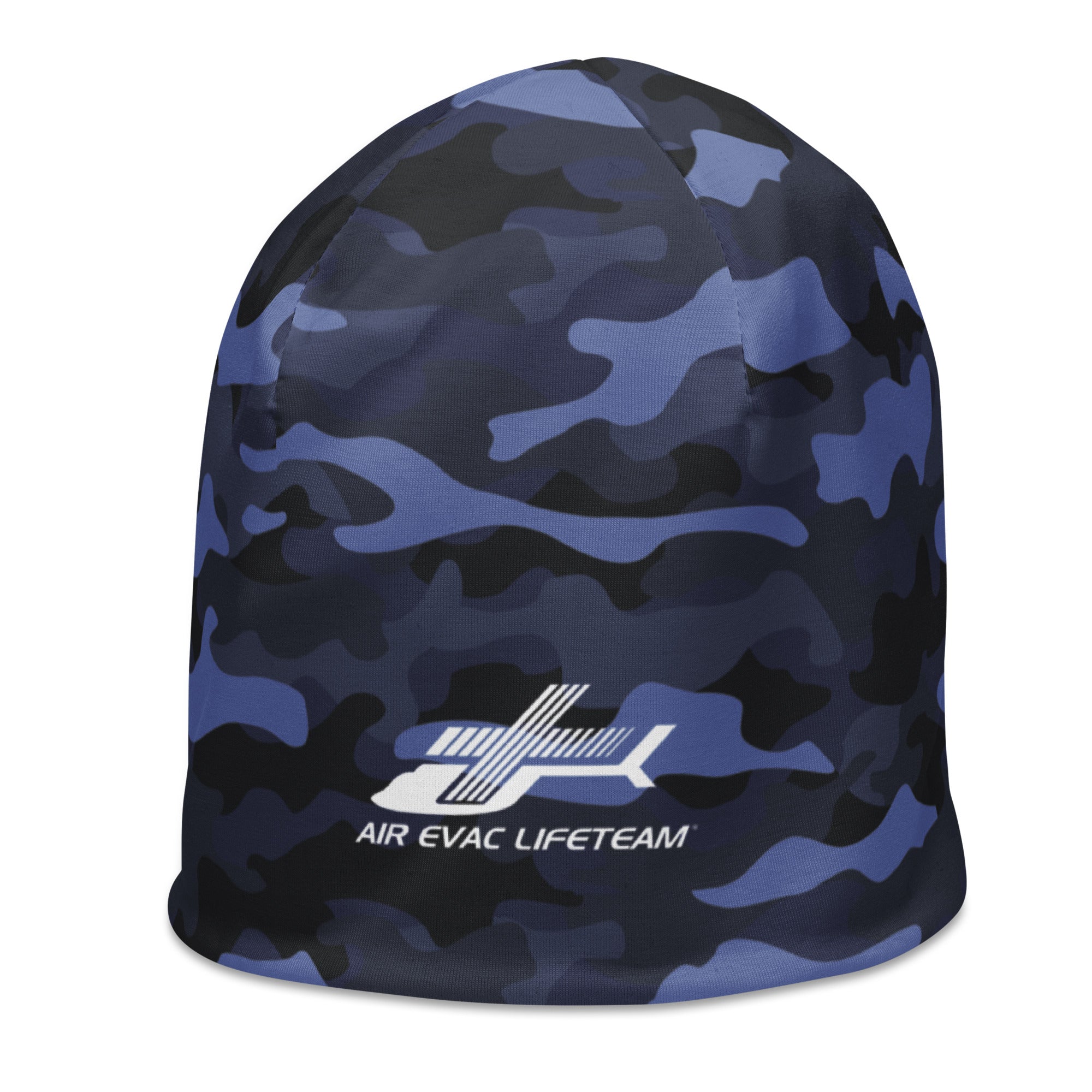 Blue camouflage beanie with Air Evac Lifeteam logo on a white background