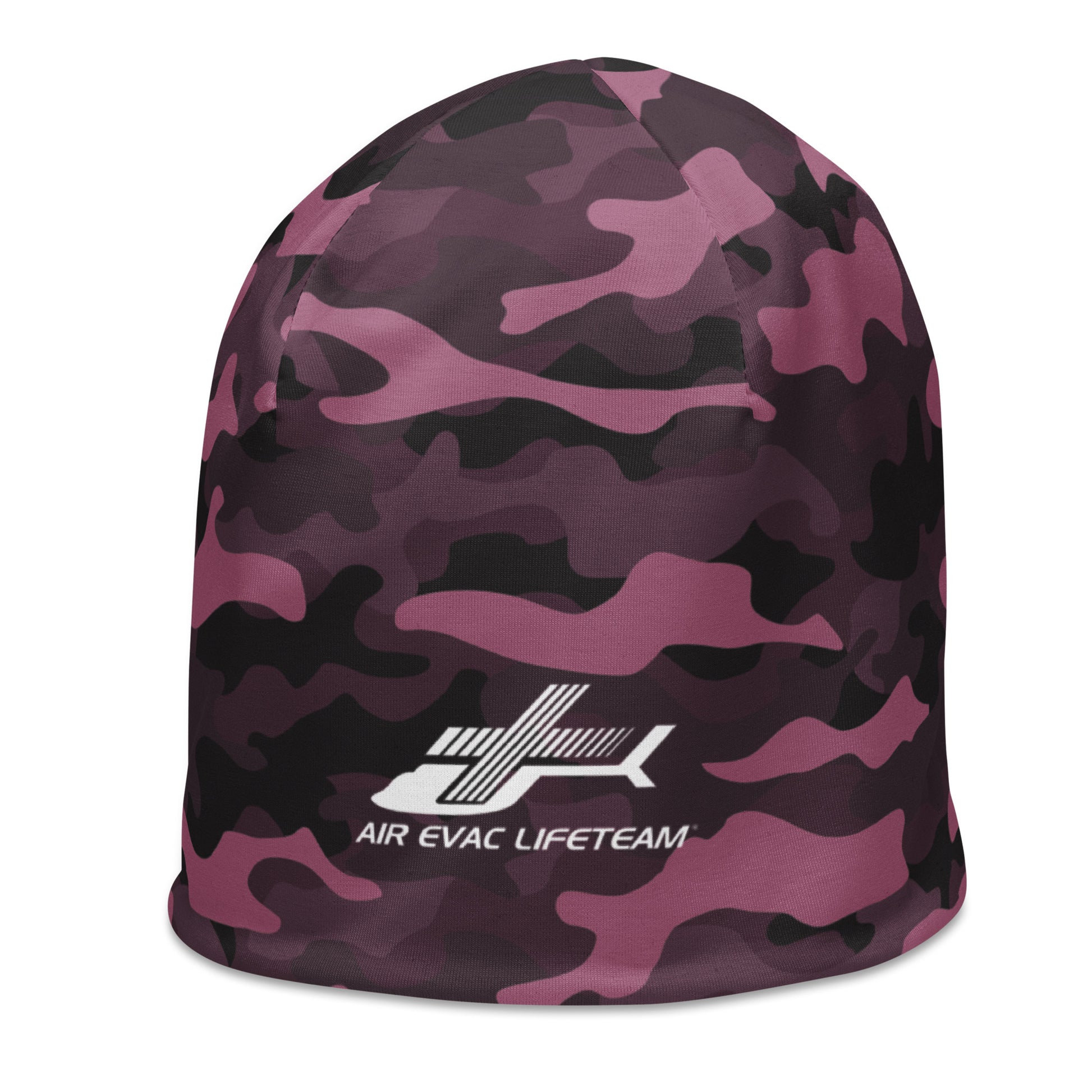Pink camouflage beanie with Air Evac Lifeteam logo on a white background