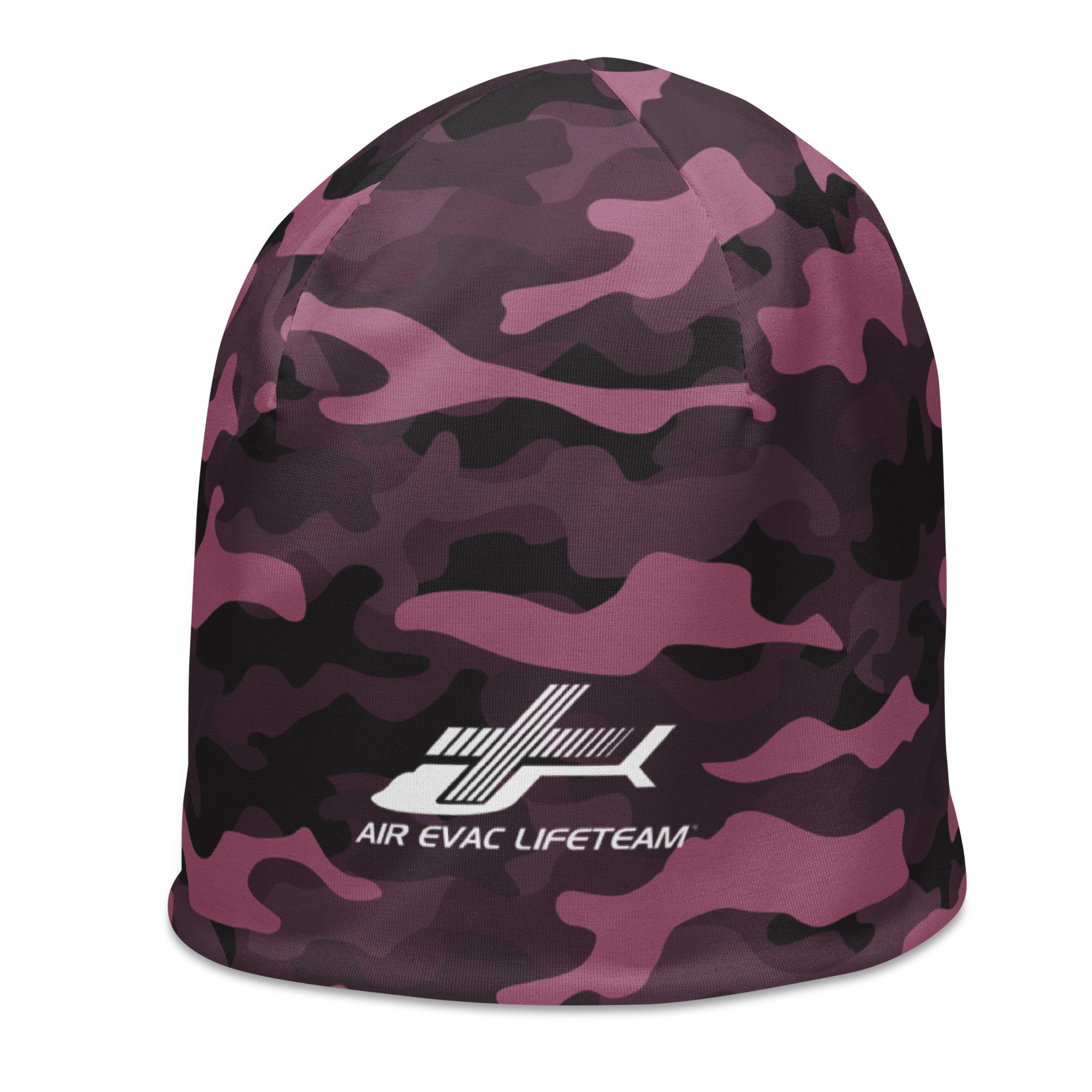 Pink camouflage beanie with Air Evac Lifeteam logo on a white background