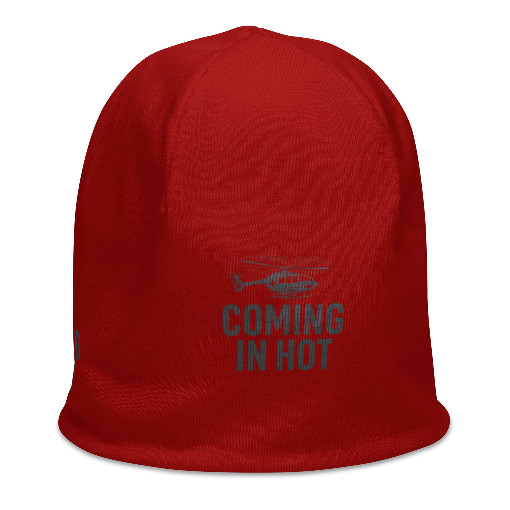 Red beanie with helicopter graphic and text "coming in hot" by Rotor Wash & Wear