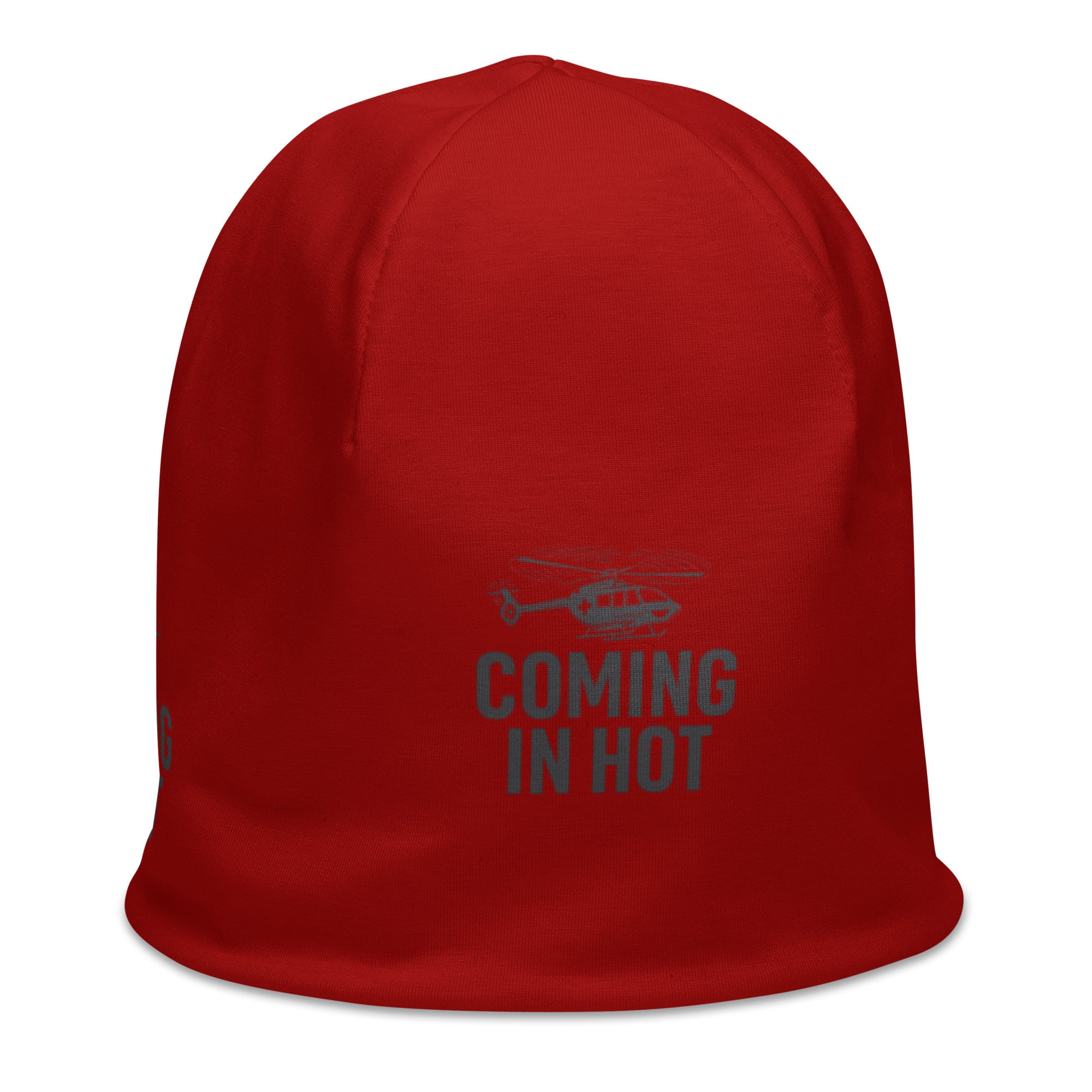 Red beanie with helicopter graphic and text "coming in hot" by Rotor Wash & Wear