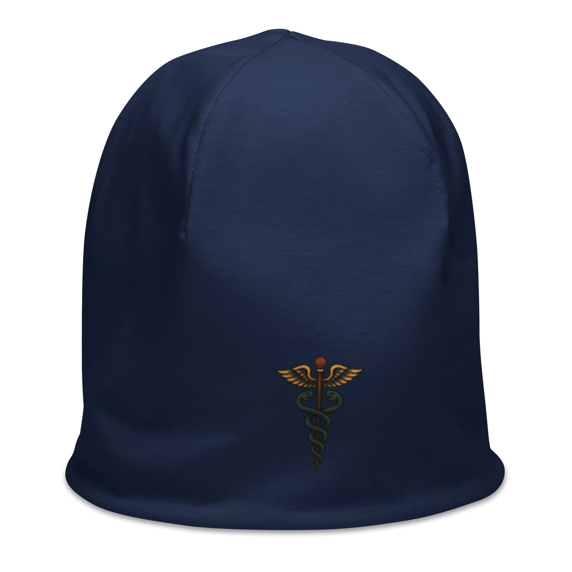 Dark blue beanie with American traditional style caduceus by Rotor Wash & Wear