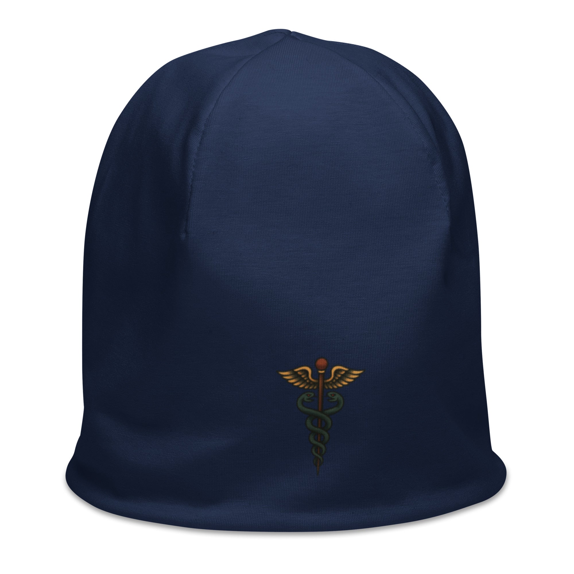 Dark blue beanie with American traditional style caduceus by Rotor Wash & Wear