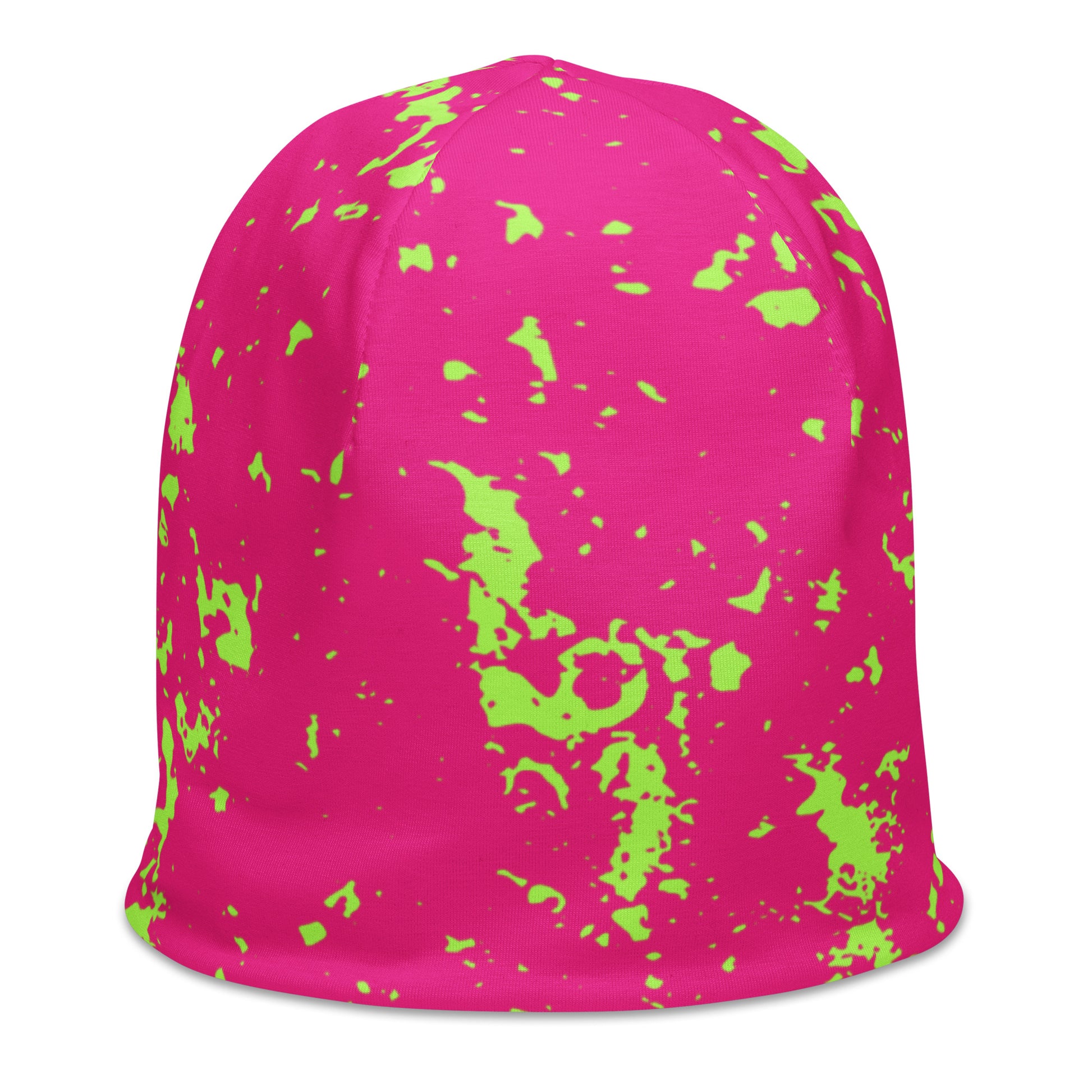 Hot pink beanie with green splatter pattern by Rotor Wash & Wear
