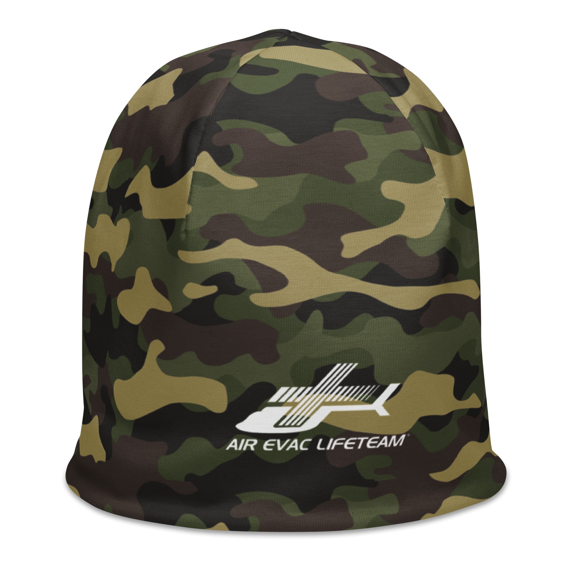 Camouflage beanie with Air Evac Lifeteam logo on a white background