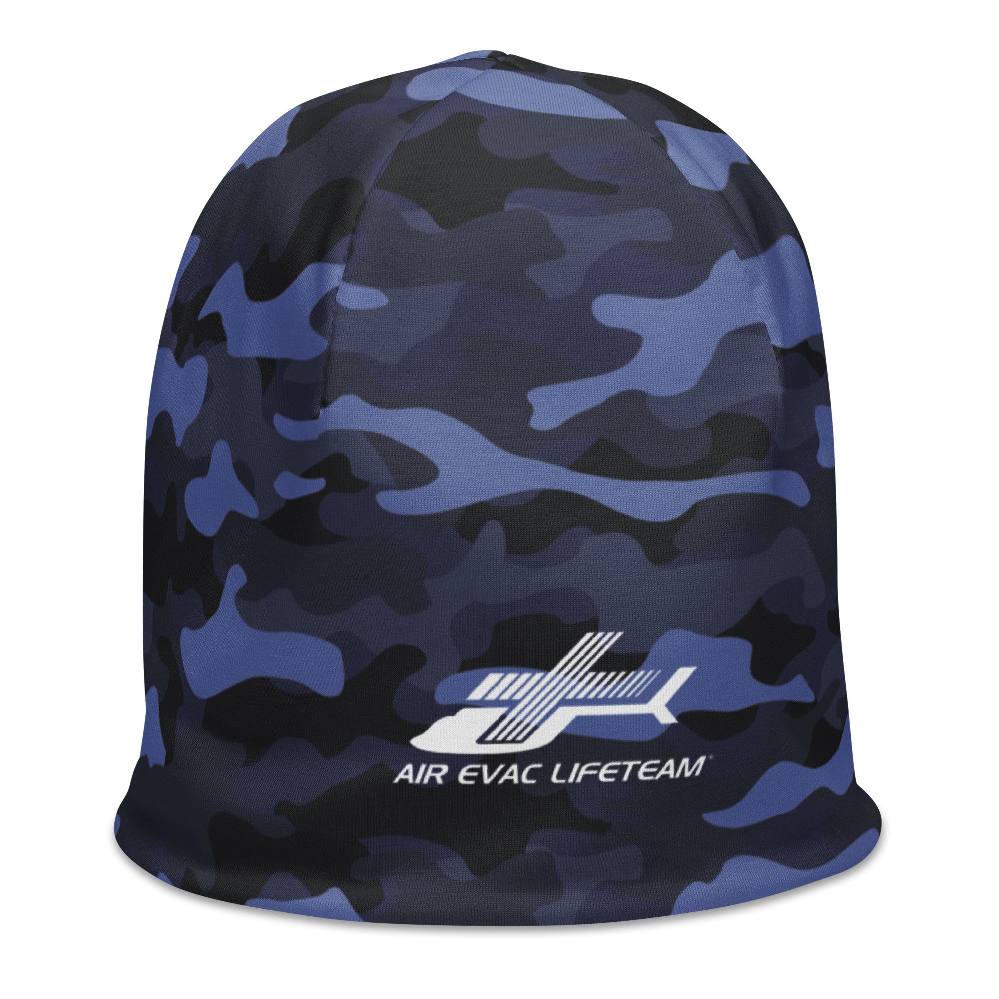 Blue camouflage beanie with Air Evac Lifeteam logo on a white background