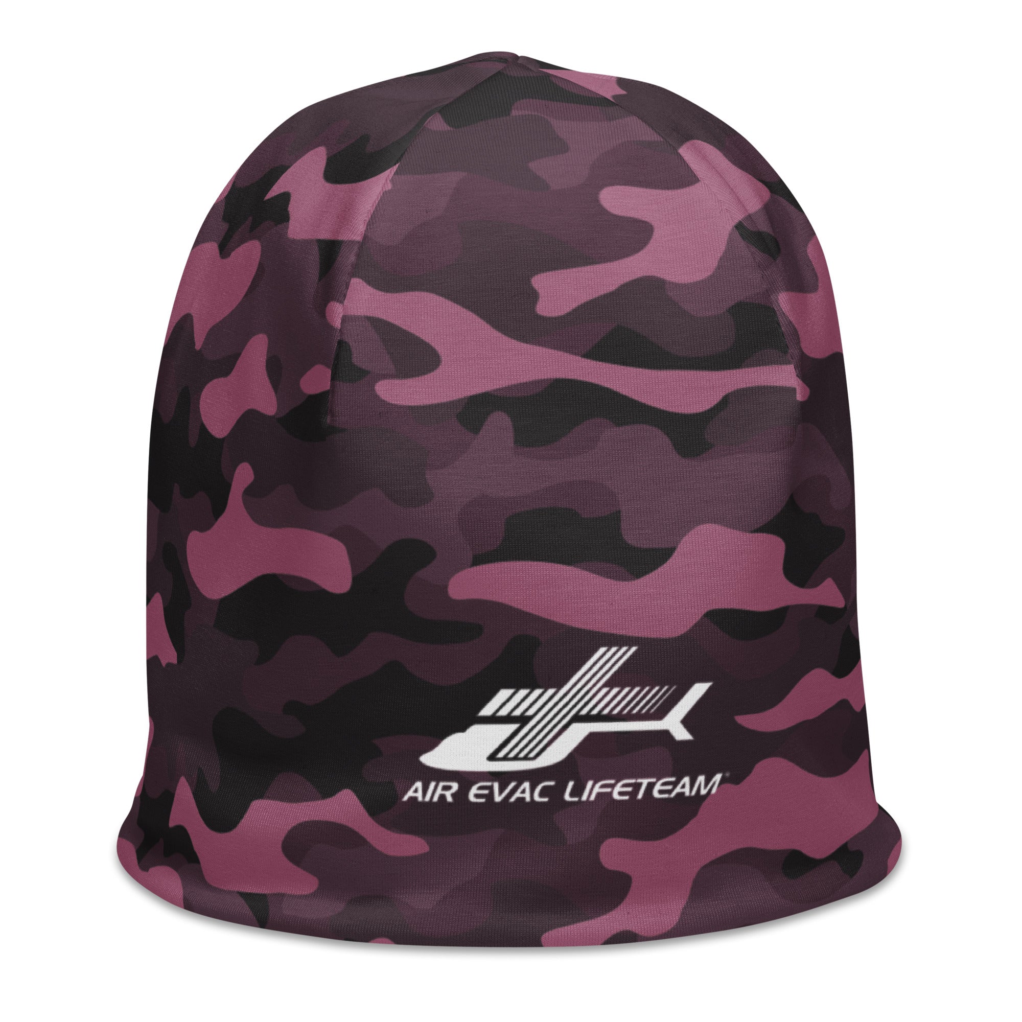 Pink camouflage beanie with Air Evac Lifeteam logo on a white background