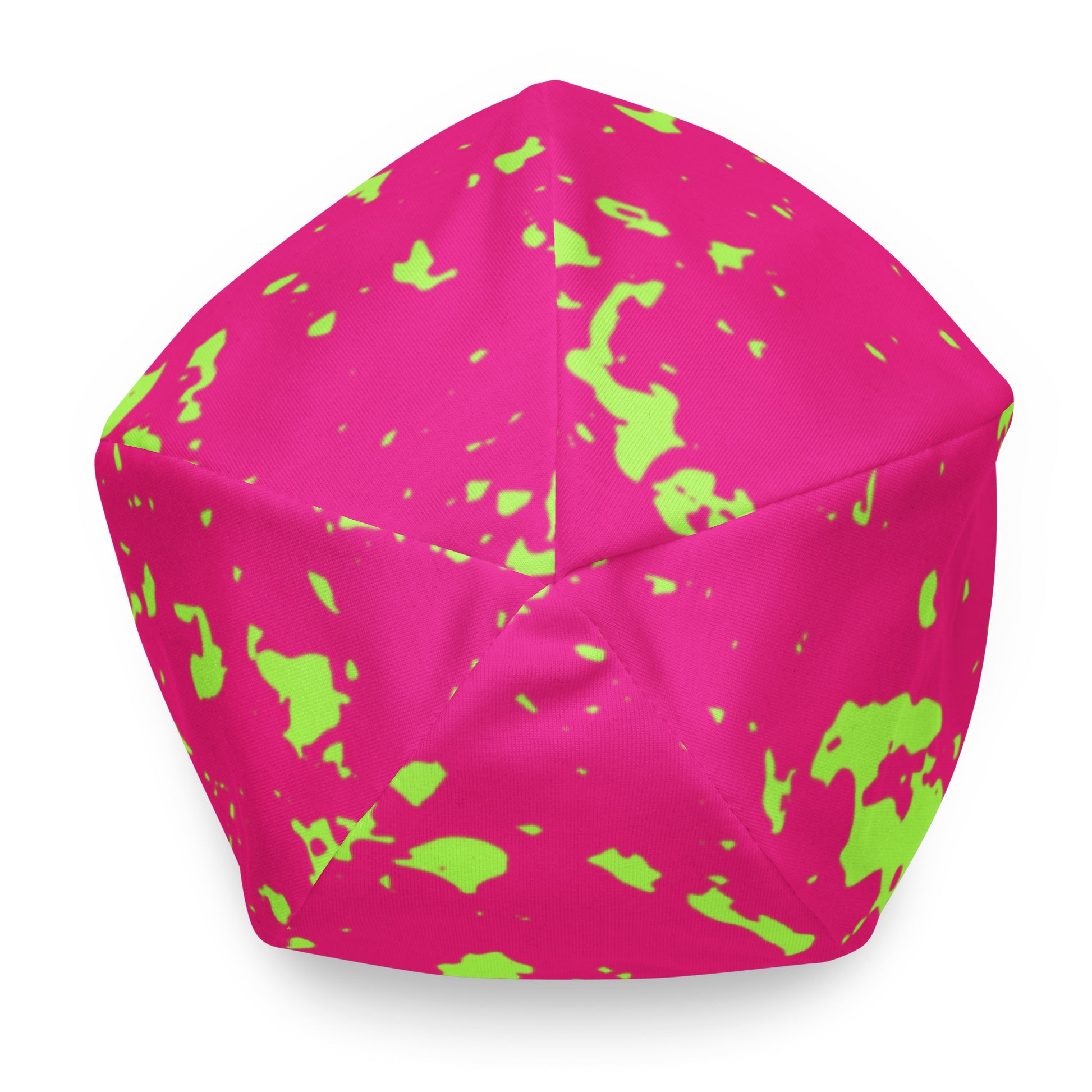 Hot pink beanie with green splatter pattern by Rotor Wash & Wear