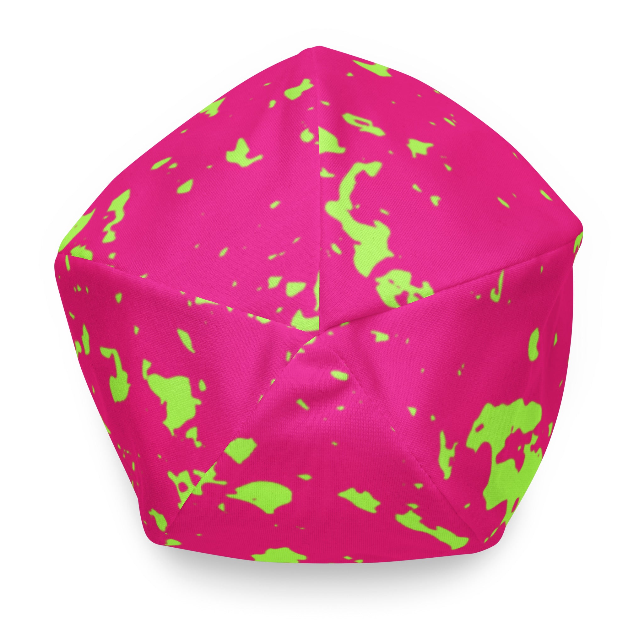Hot pink beanie with green splatter pattern by Rotor Wash & Wear