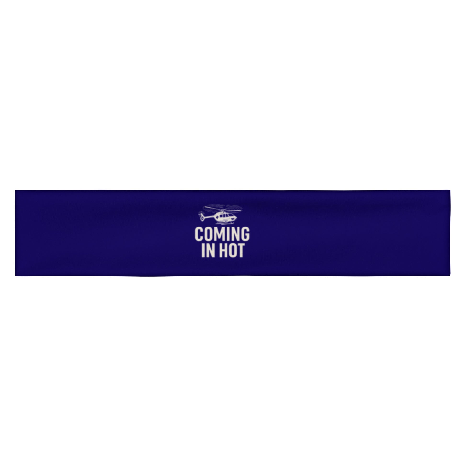Dark blue headband with medical helicopter graphic and text "coming in hot" by Rotor Wash & Wear