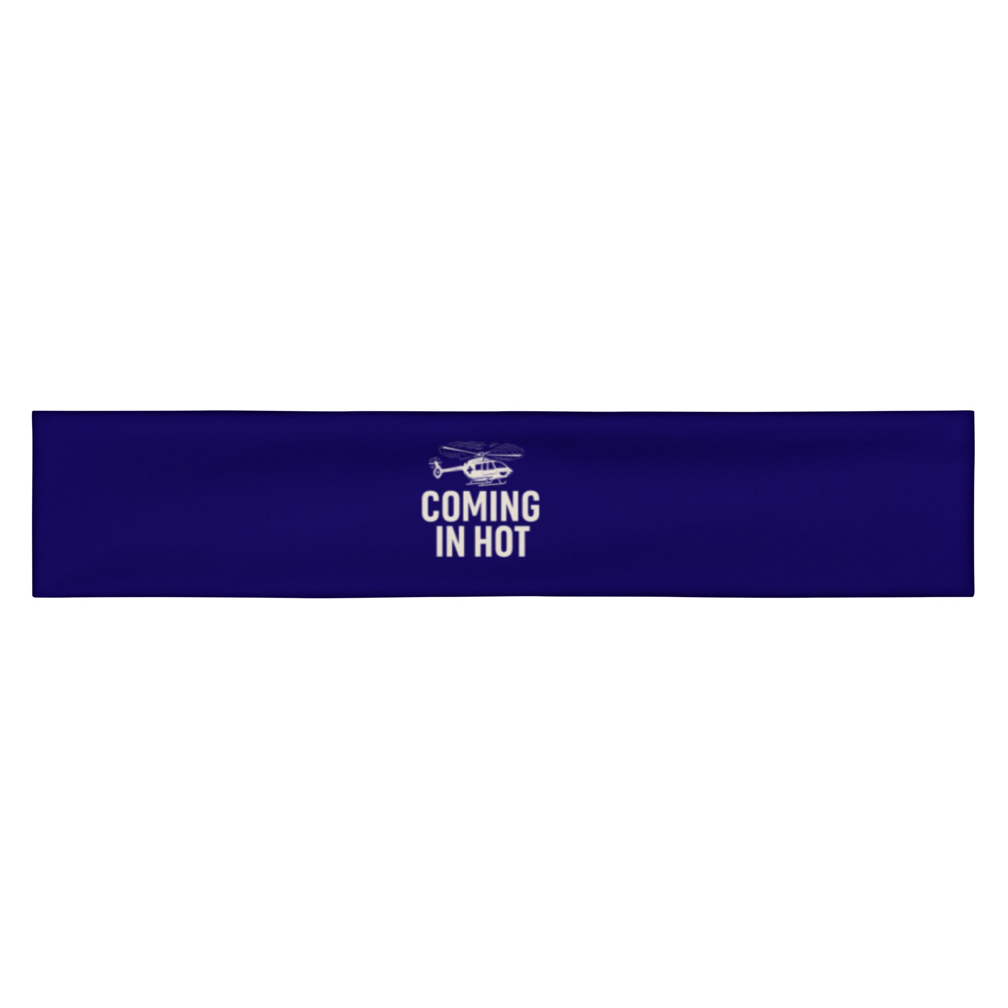 Dark blue headband with medical helicopter graphic and text "coming in hot" by Rotor Wash & Wear