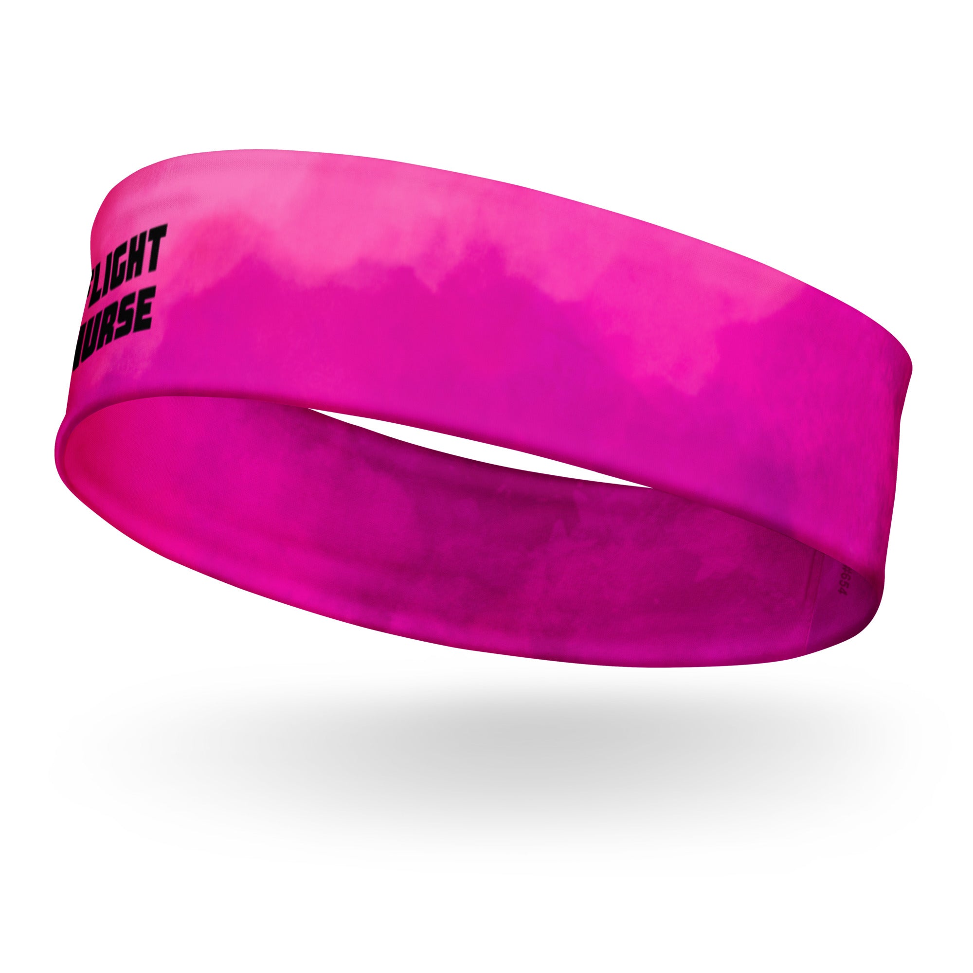 Hot pink head band with black text "flight nurse" by Rotor Wash & Wear