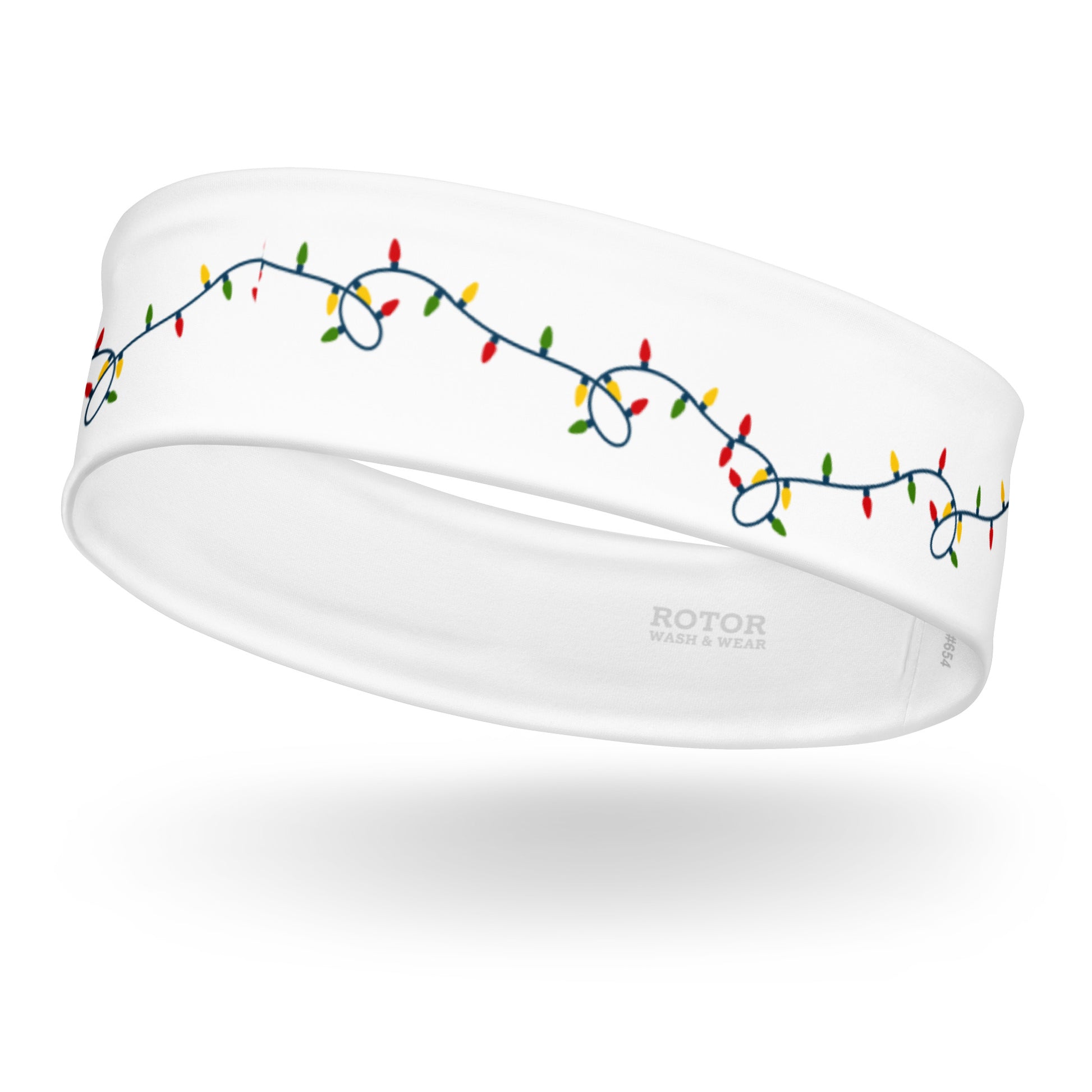 White headband with string of colorful Christmas lights by Rotor Wash & Wear