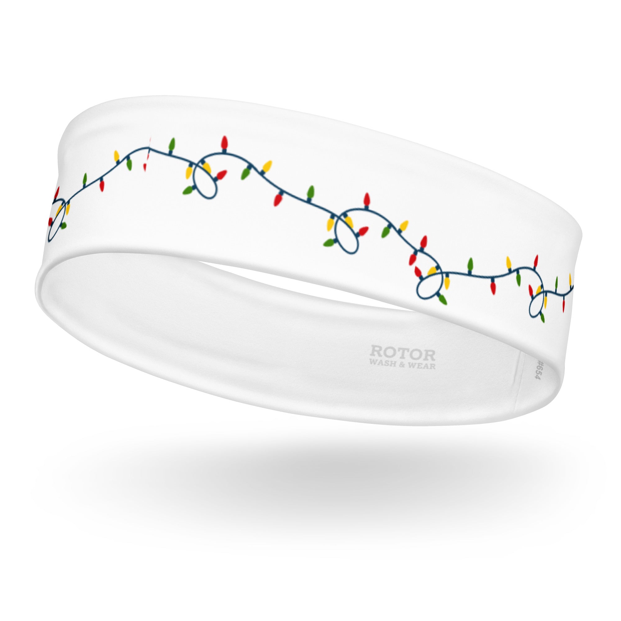 White headband with string of colorful Christmas lights by Rotor Wash & Wear