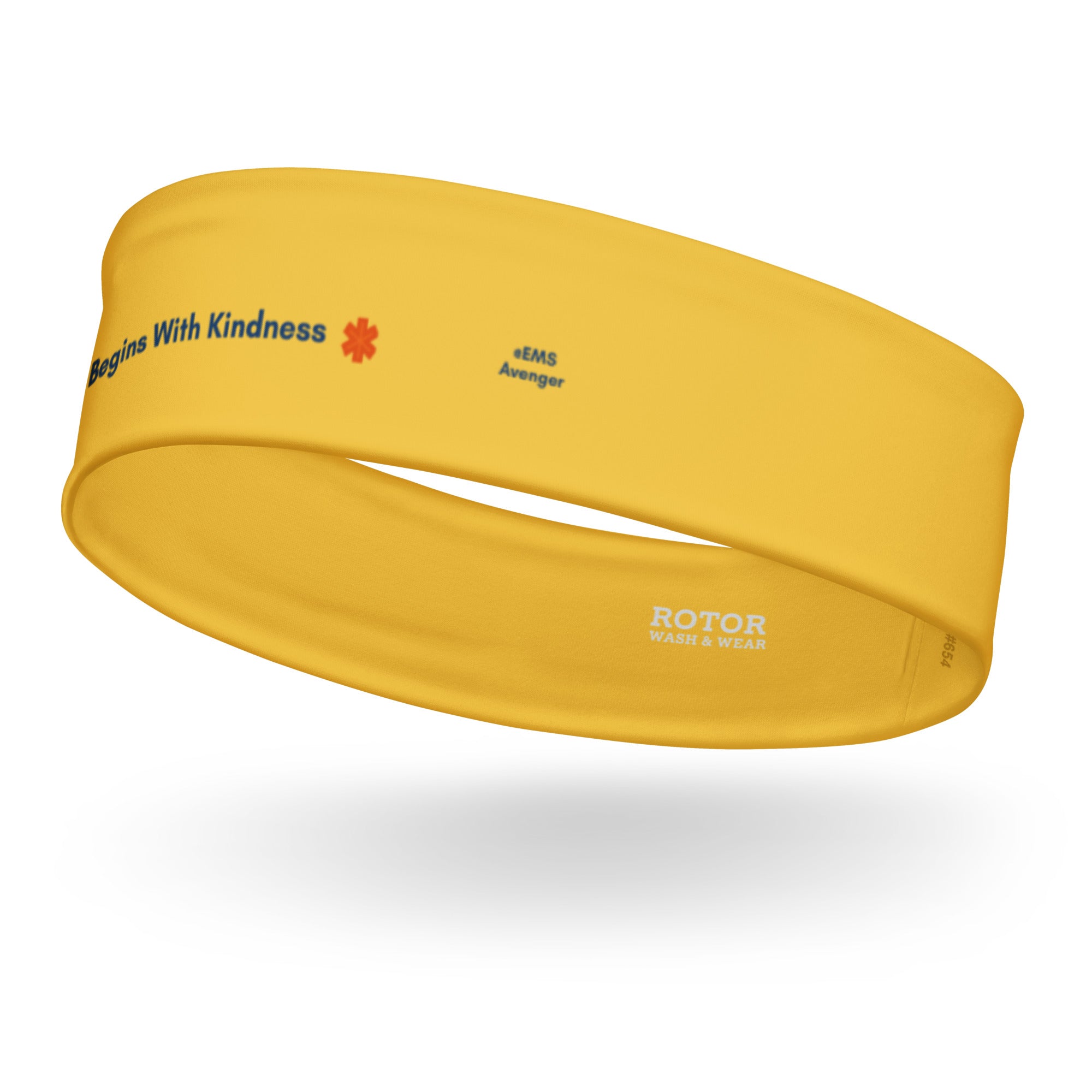 Yellow headband with dark blue text "saving lives begins with kindness" by EMS Avenger and Rotor Wash & Wear