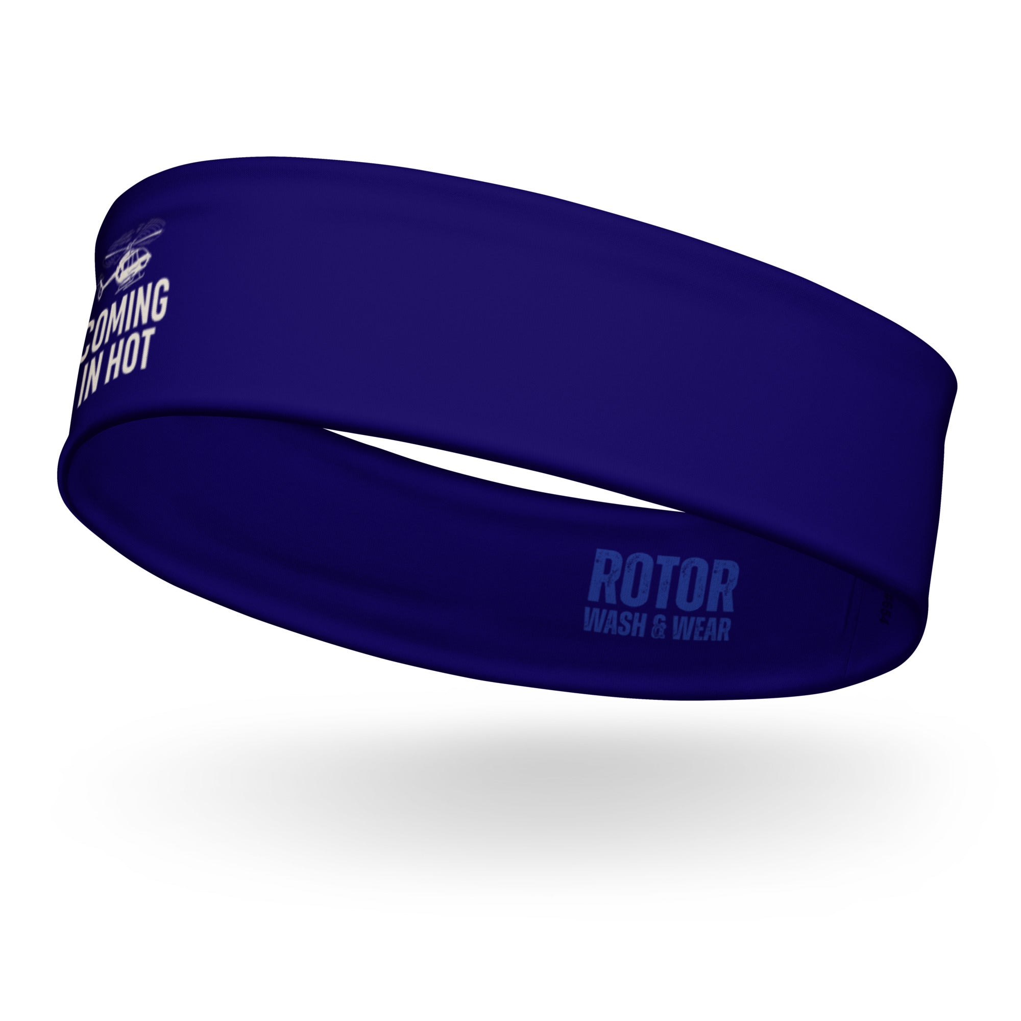 Dark blue headband with medical helicopter graphic and text "coming in hot" by Rotor Wash & Wear