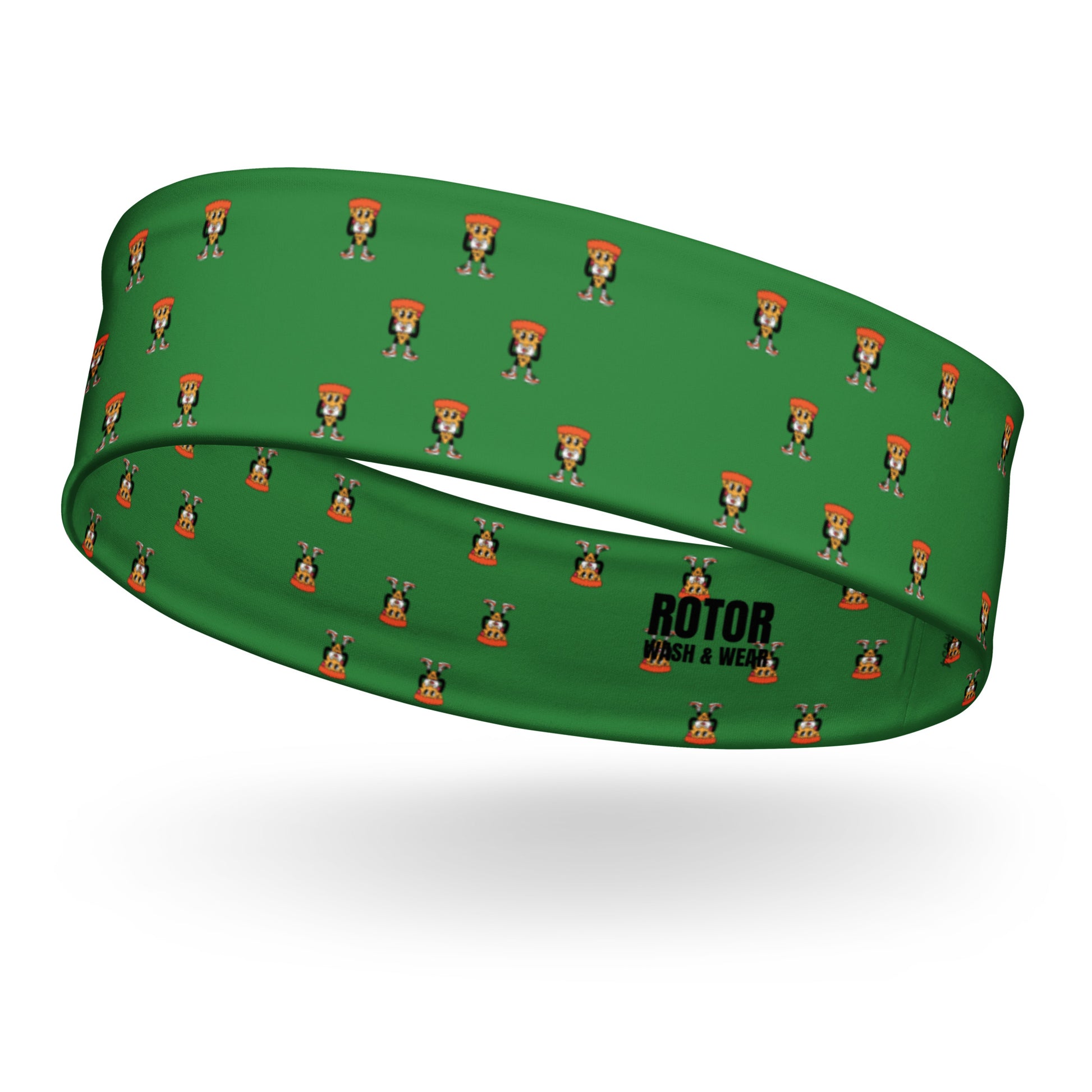 Green headband with cartoon pizza guy pattern by Rotor Wash & Wear