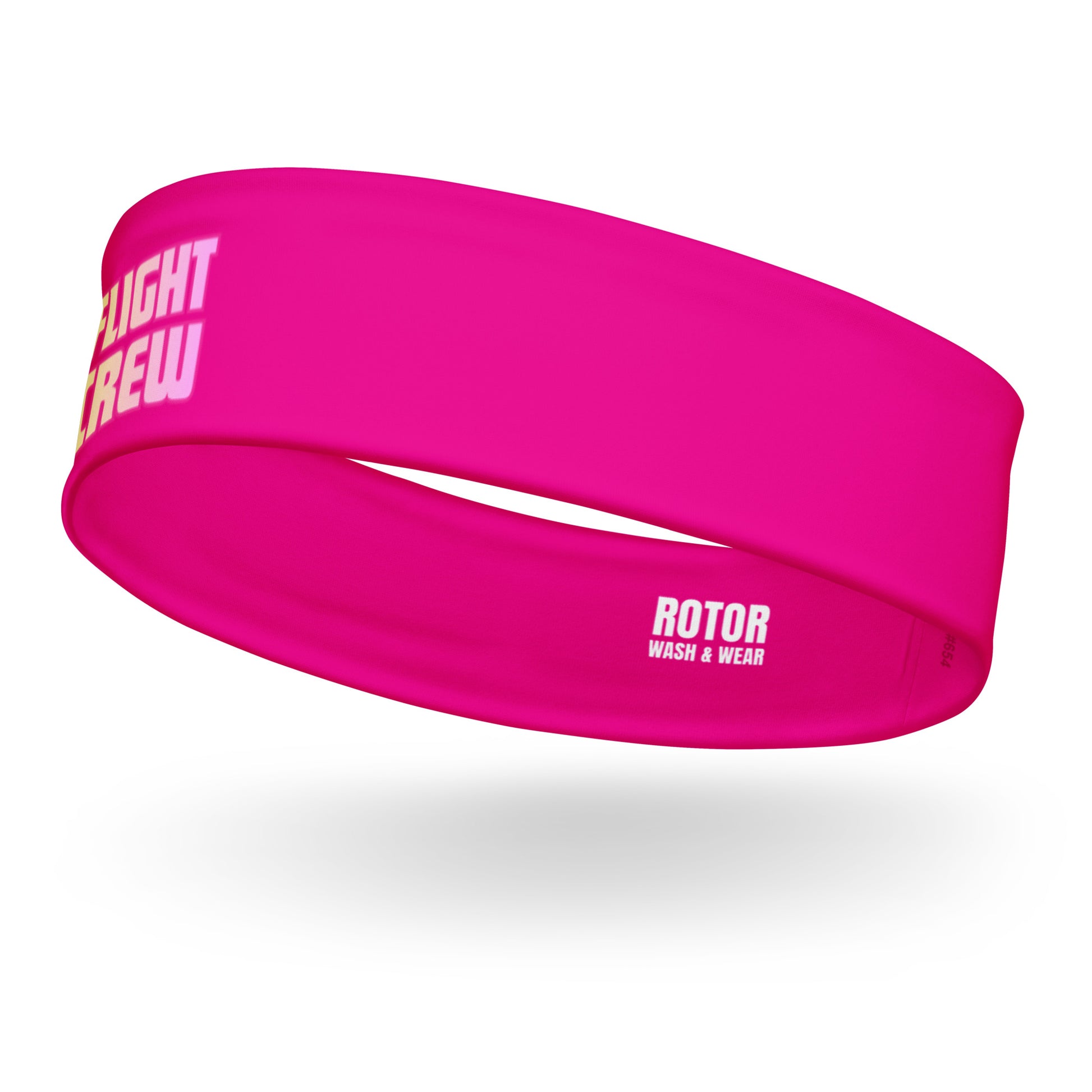 Bright pink headband with "Flight Crew" text by Rotor Wash & Wear