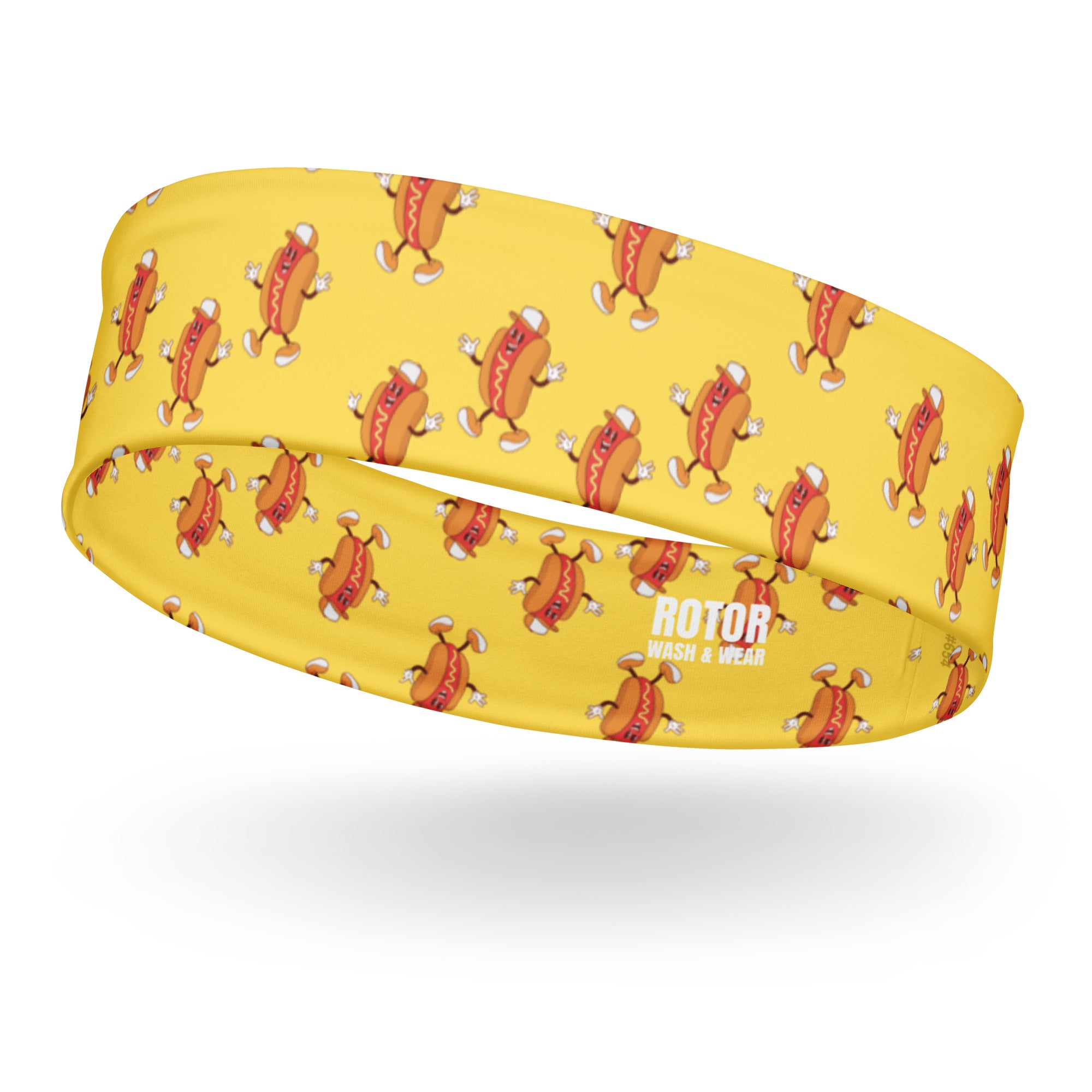 Yellow headband with funny hotdog cartoon pattern by Rotor Wash & Wear